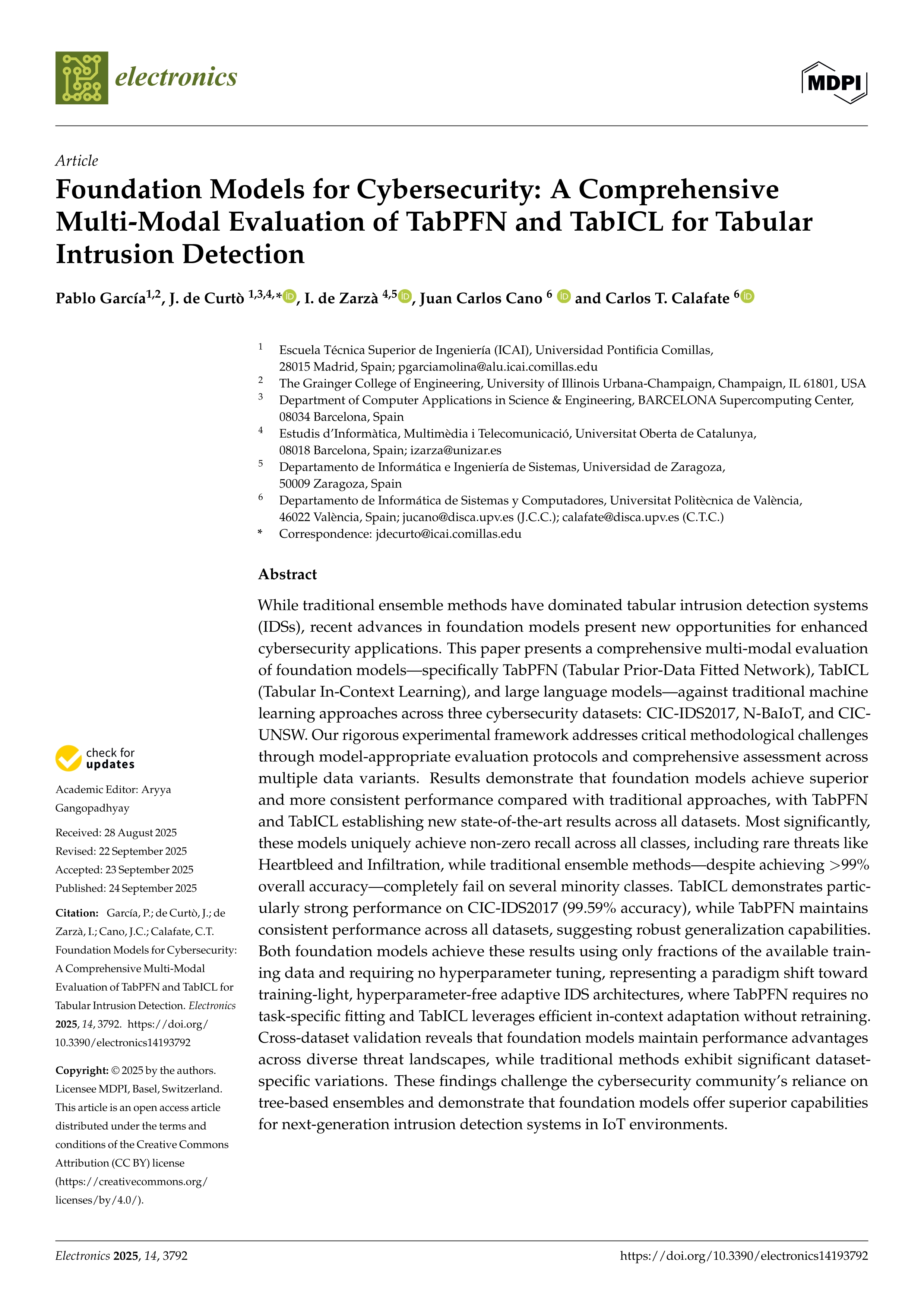 Foundation Models for Cybersecurity: A Comprehensive Multi-Modal Evaluation of TabPFN and TabICL for Tabular Intrusion Detection