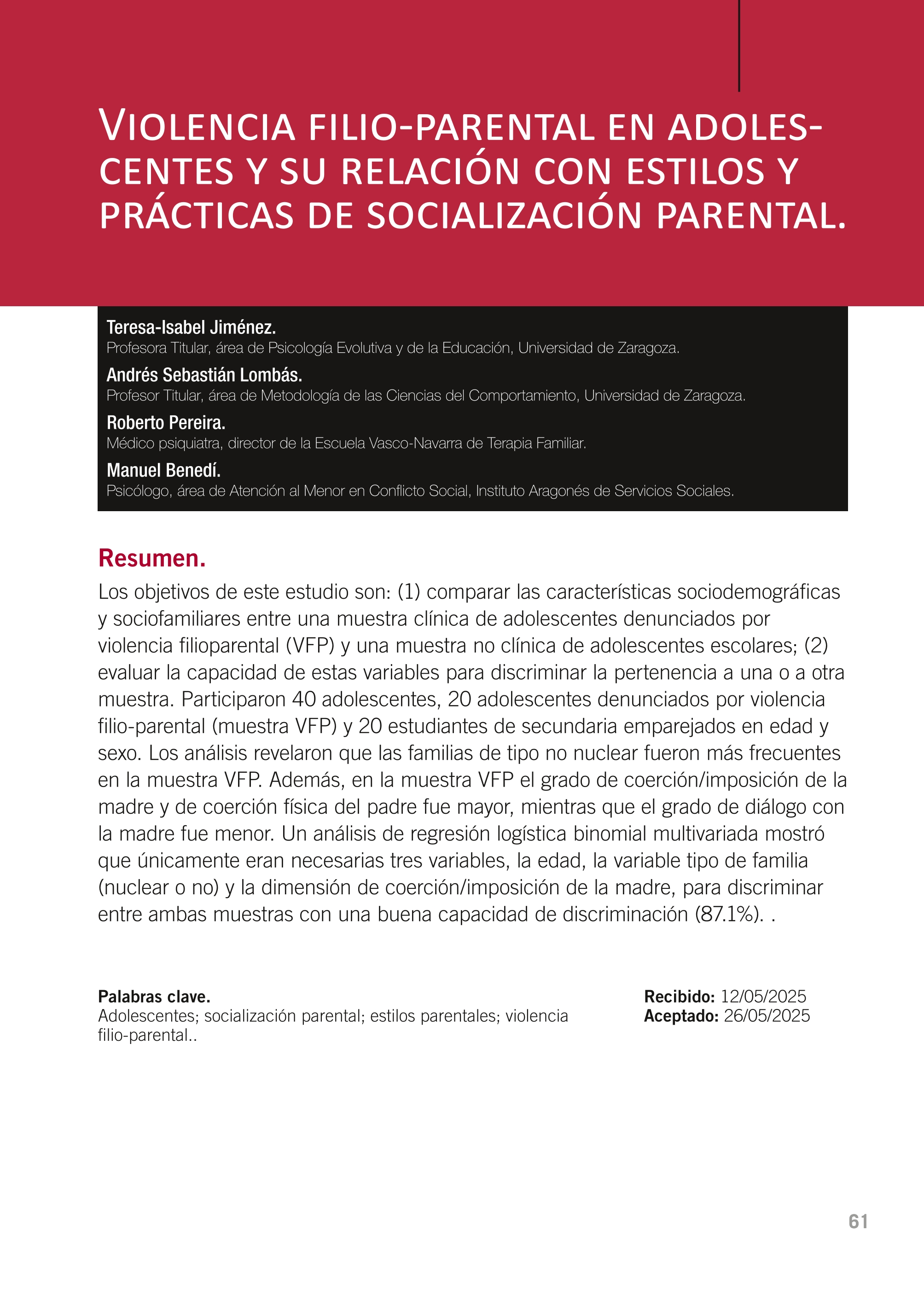 Violencia filio-parental en adolescentes y su relación con estilos y prácticas de socialización parental