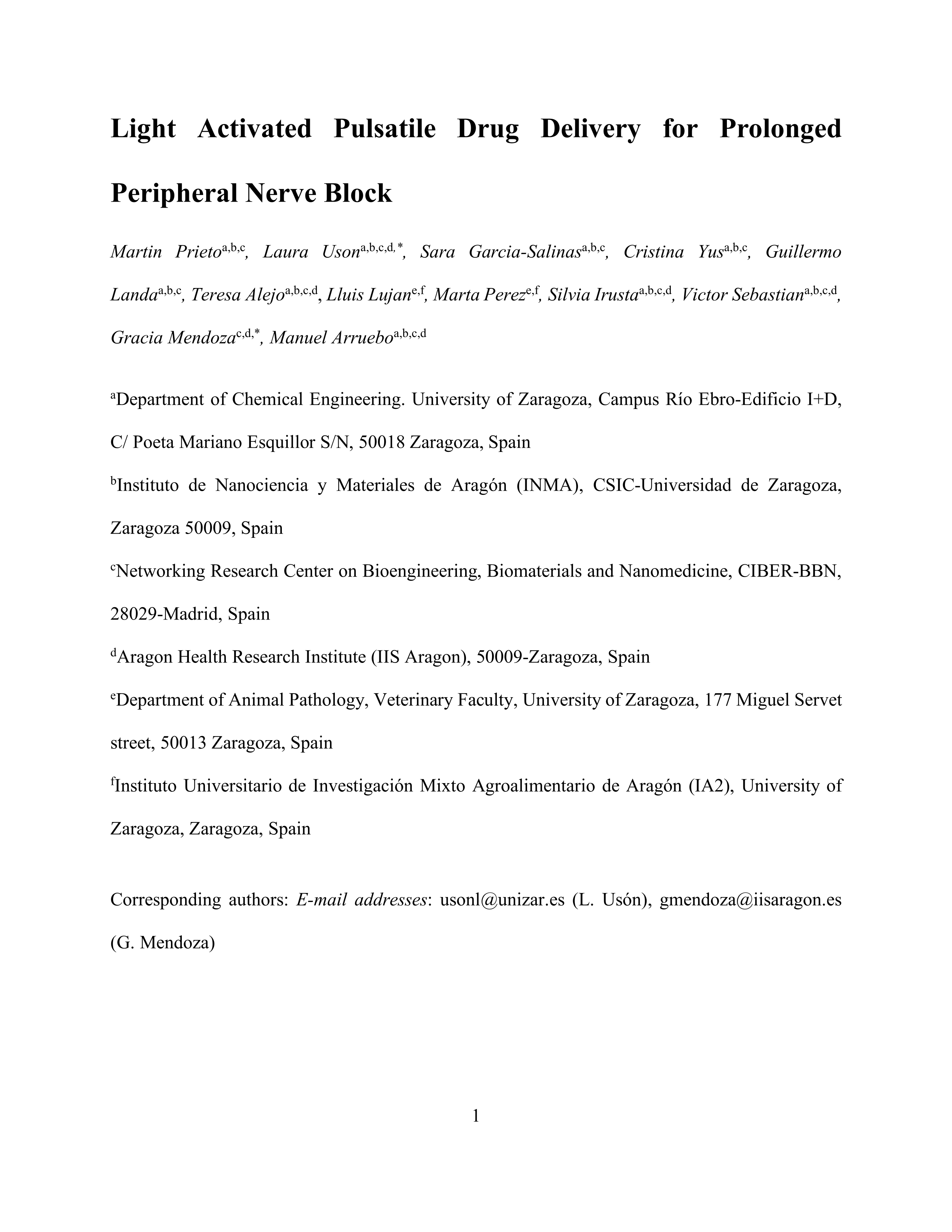 Light activated pulsatile drug delivery for prolonged peripheral nerve block