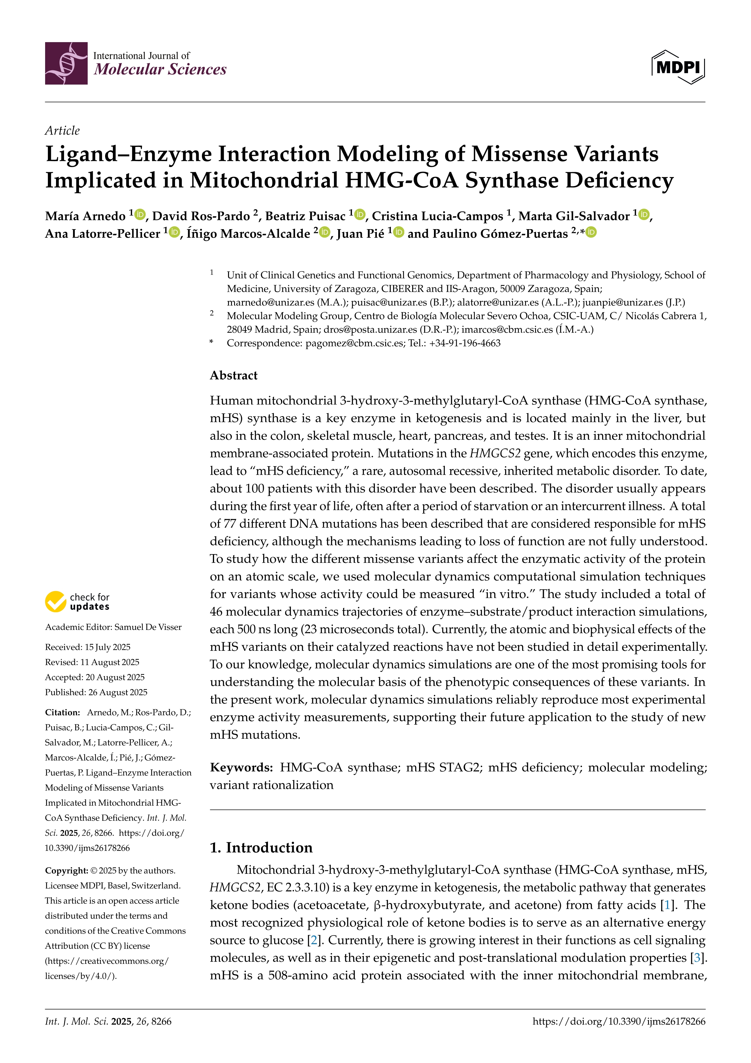 Ligand–Enzyme Interaction Modeling of Missense Variants Implicated in Mitochondrial HMG-CoA Synthase Deficiency