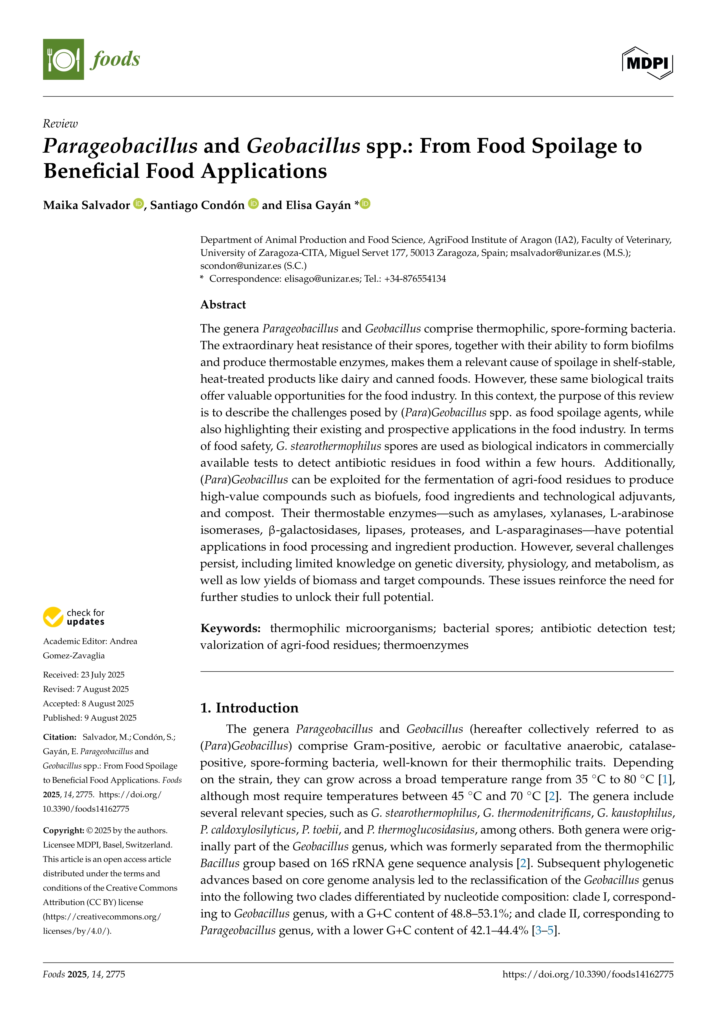 Parageobacillus and Geobacillus spp.: From Food Spoilage to Beneficial Food Applications