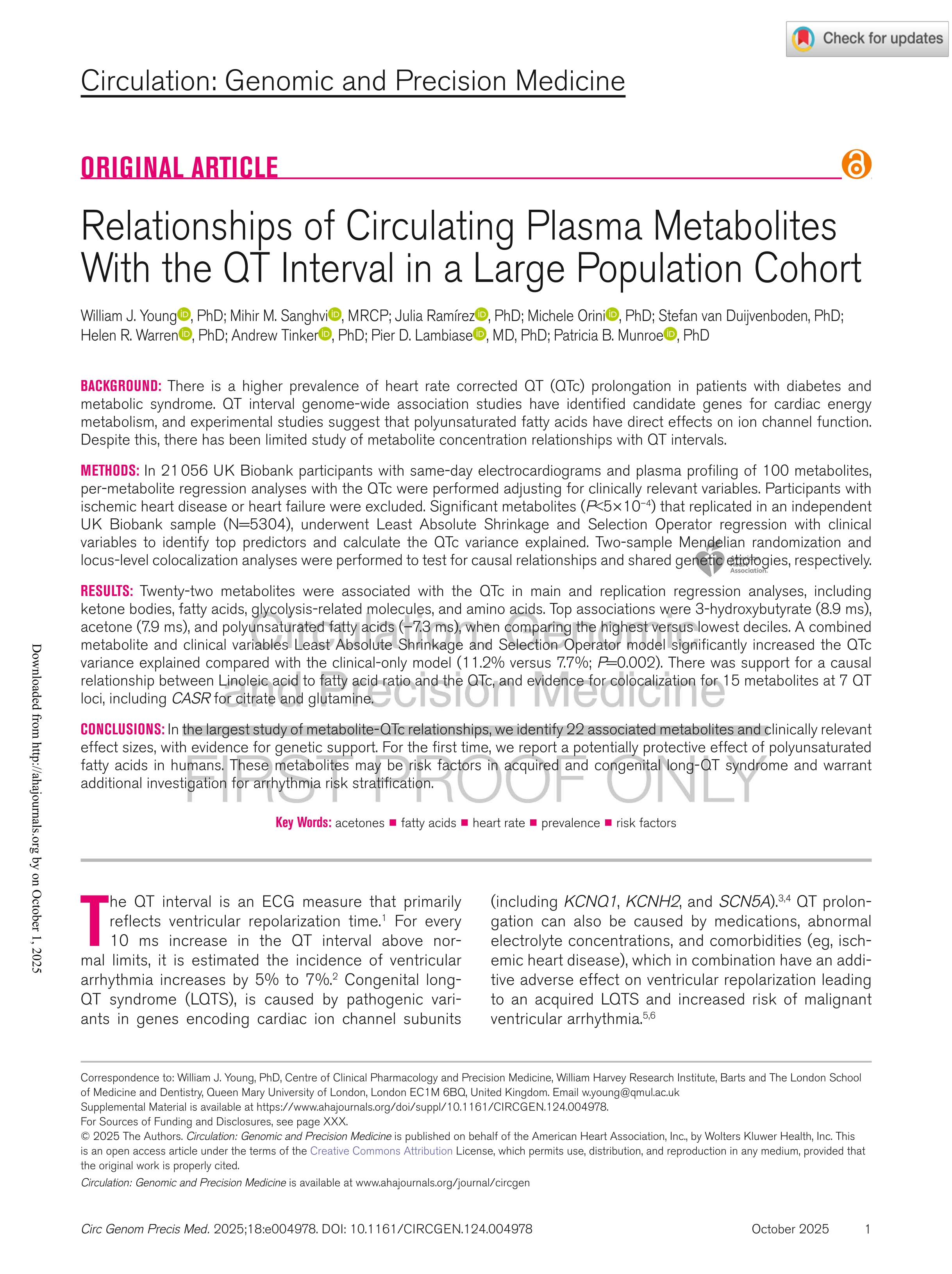Relationships of Circulating Plasma Metabolites With the QT Interval in a Large Population Cohort