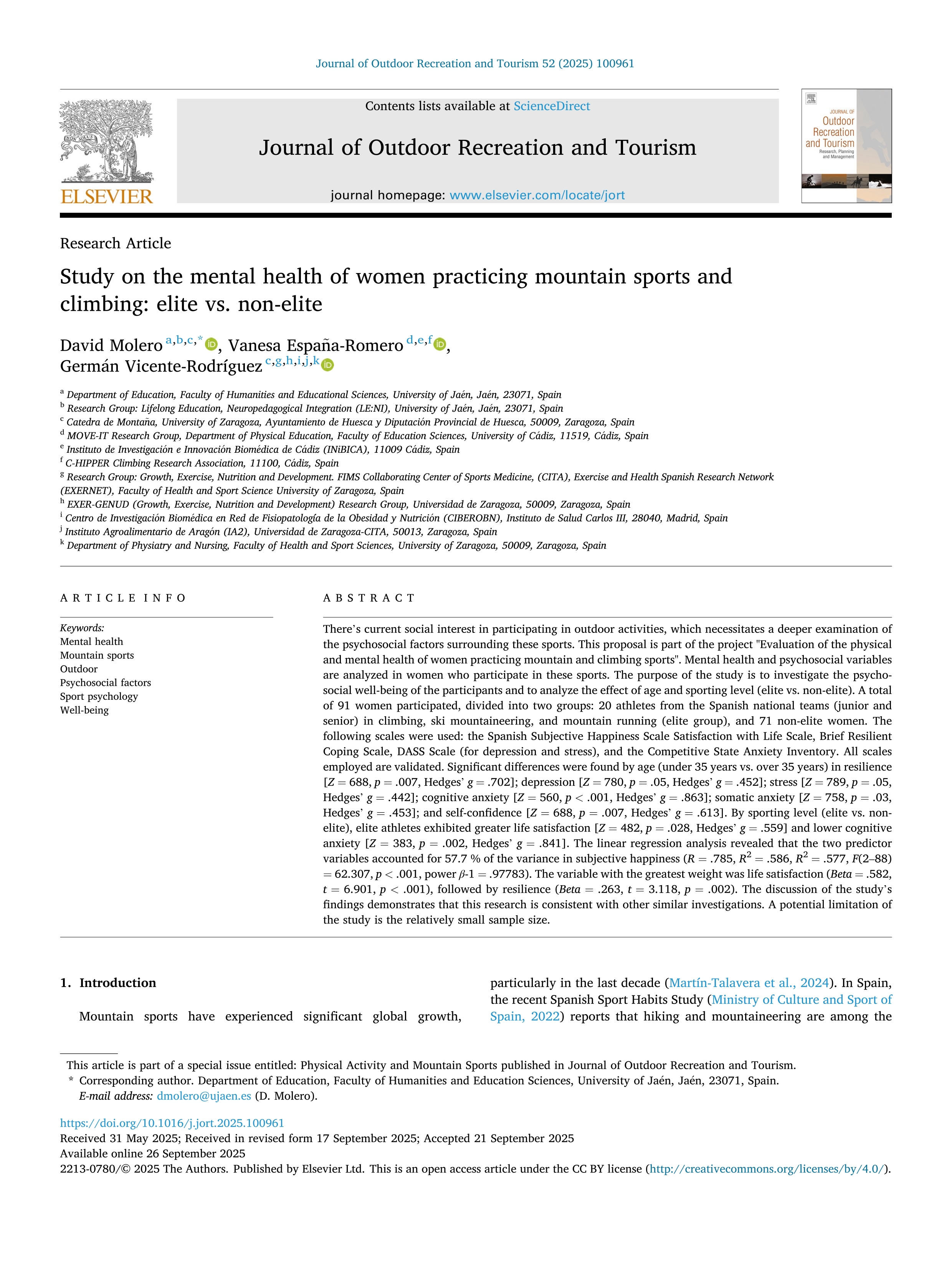 Study on the mental health of women practicing mountain sports and climbing: elite vs. non-elite