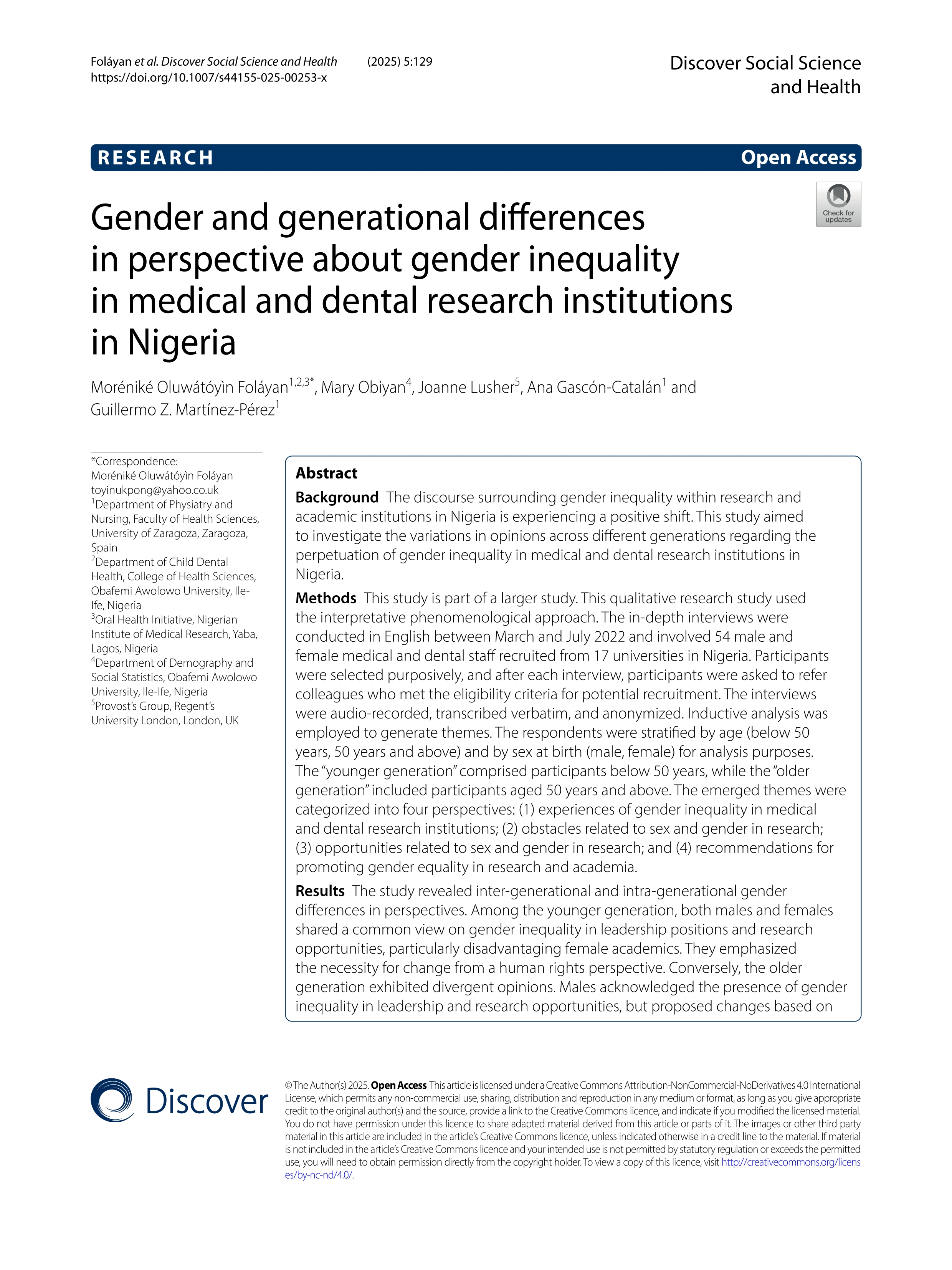 Gender and generational differences in perspective about gender inequality in medical and dental research institutions in Nigeria