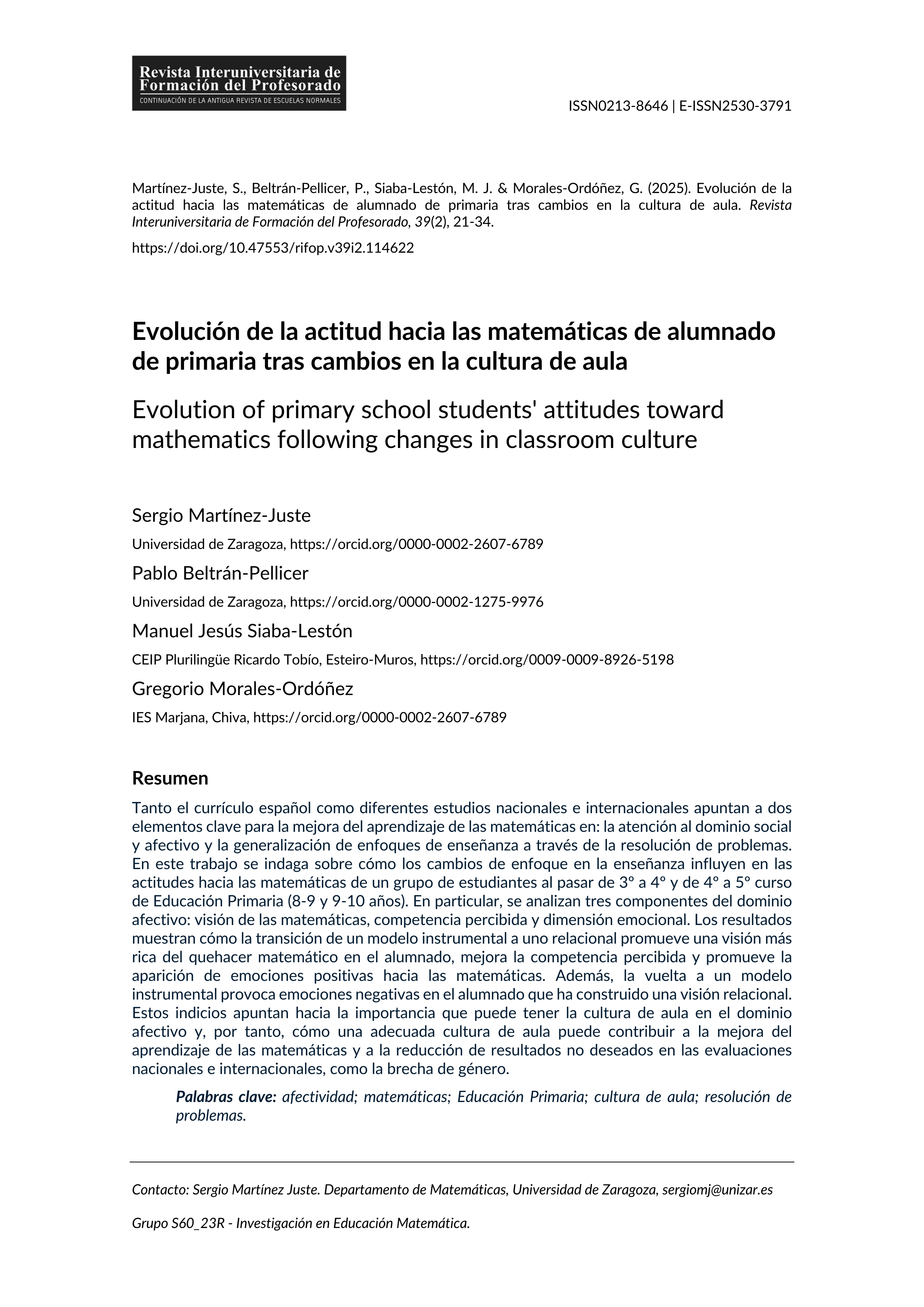 Evolución de la actitud hacia las matemáticas de alumnado de primaria tras cambios en la cultura de aula