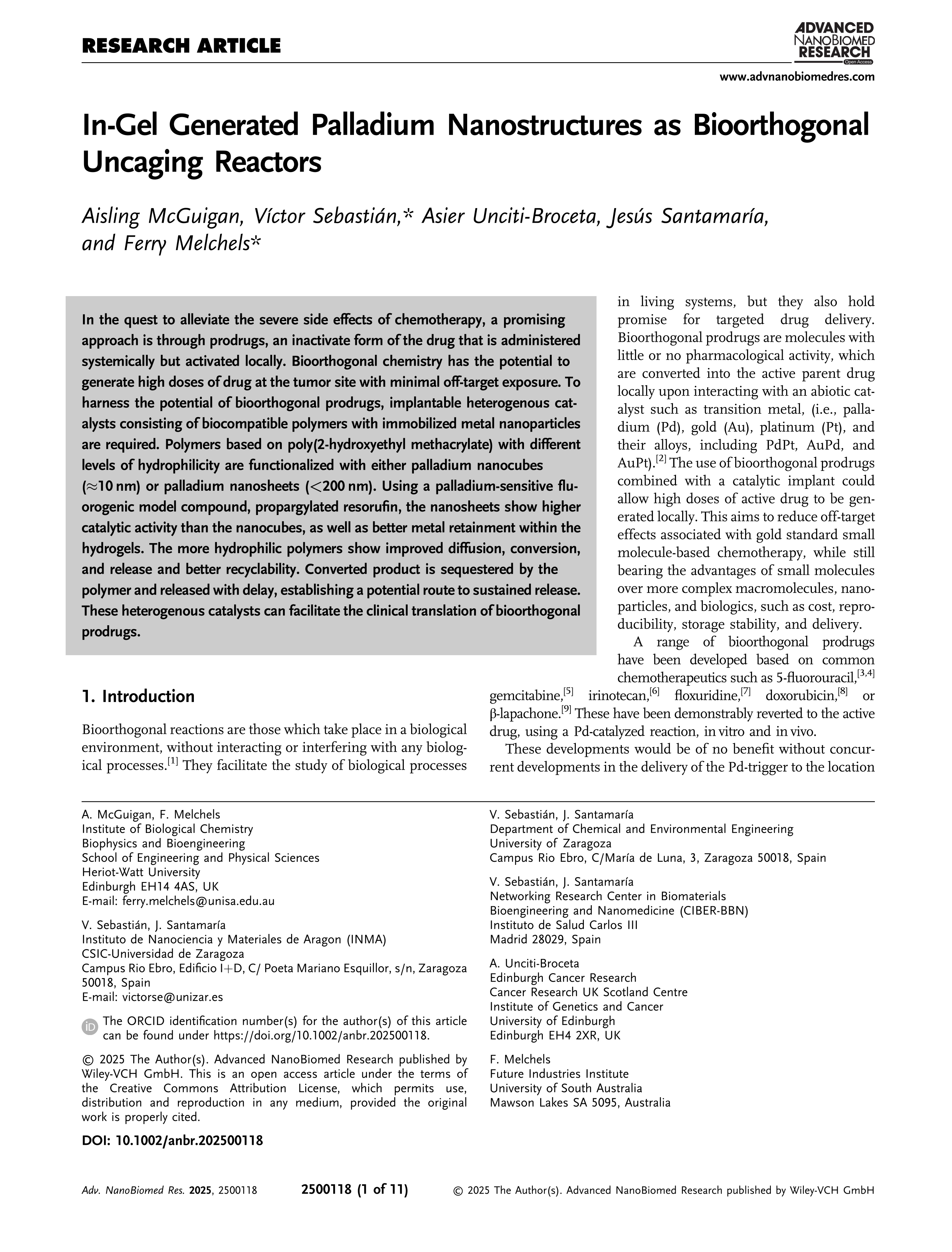 In‐Gel Generated Palladium Nanostructures as Bioorthogonal Uncaging Reactors