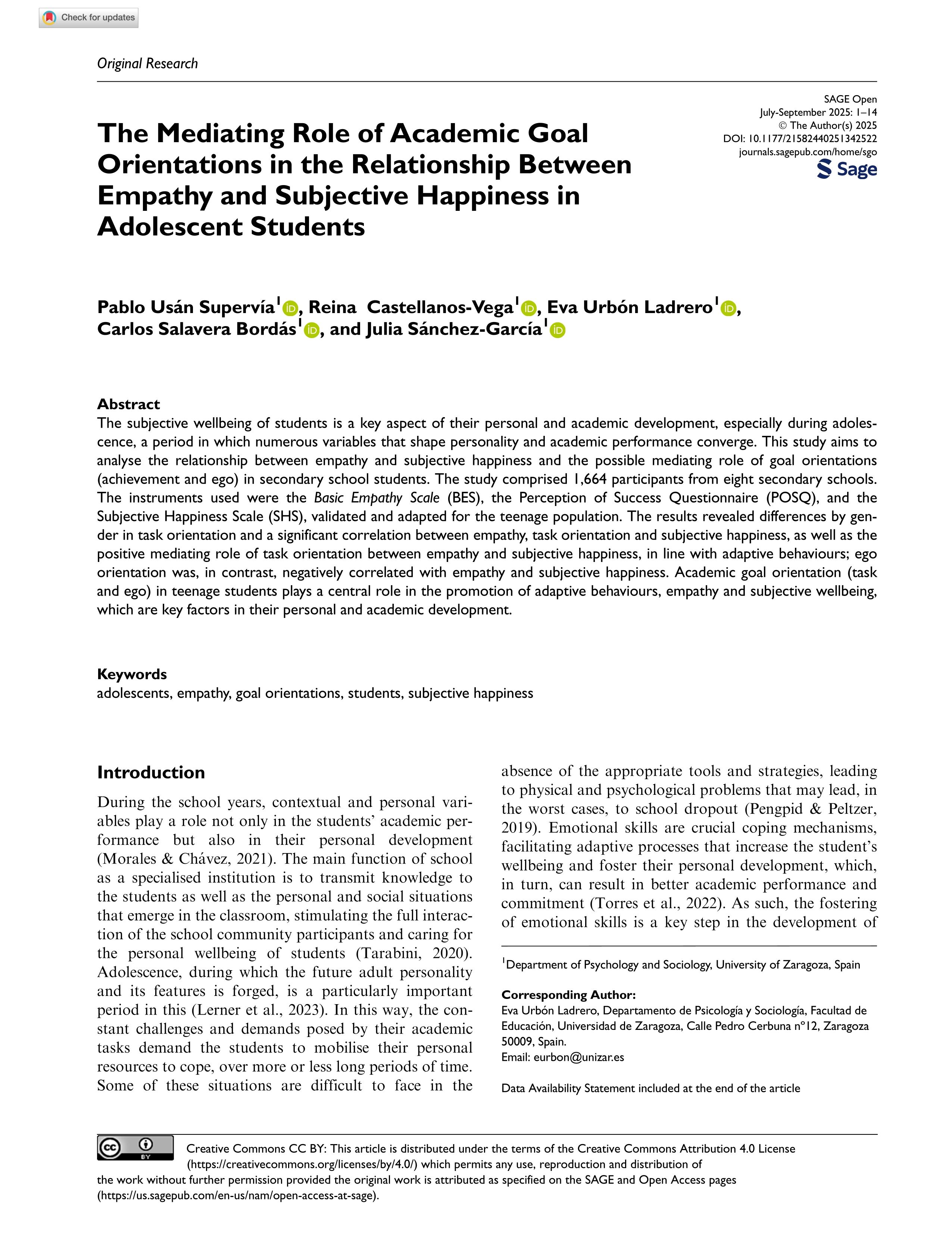 The Mediating Role of Academic Goal Orientations in the Relationship Between Empathy and Subjective Happiness in Adolescent Students