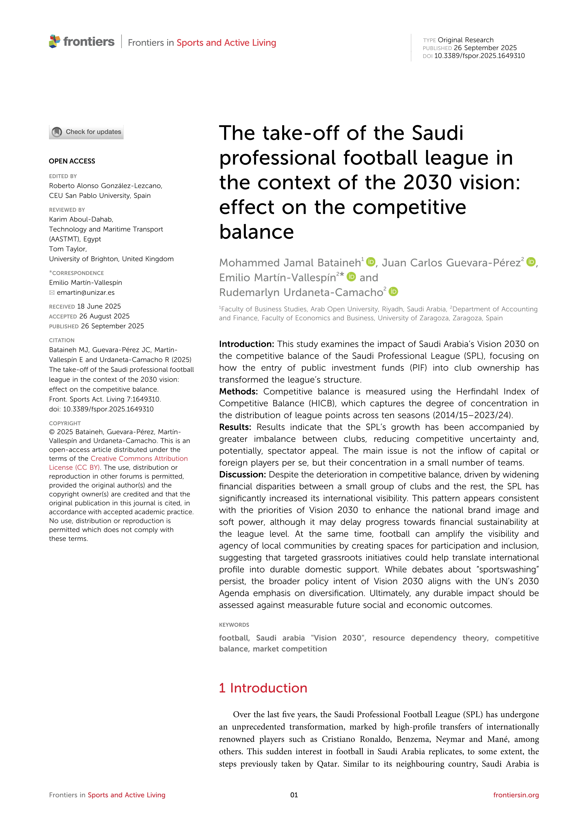 The take-off of the Saudi professional football league in the context of the 2030 vision: effect on the competitive balance