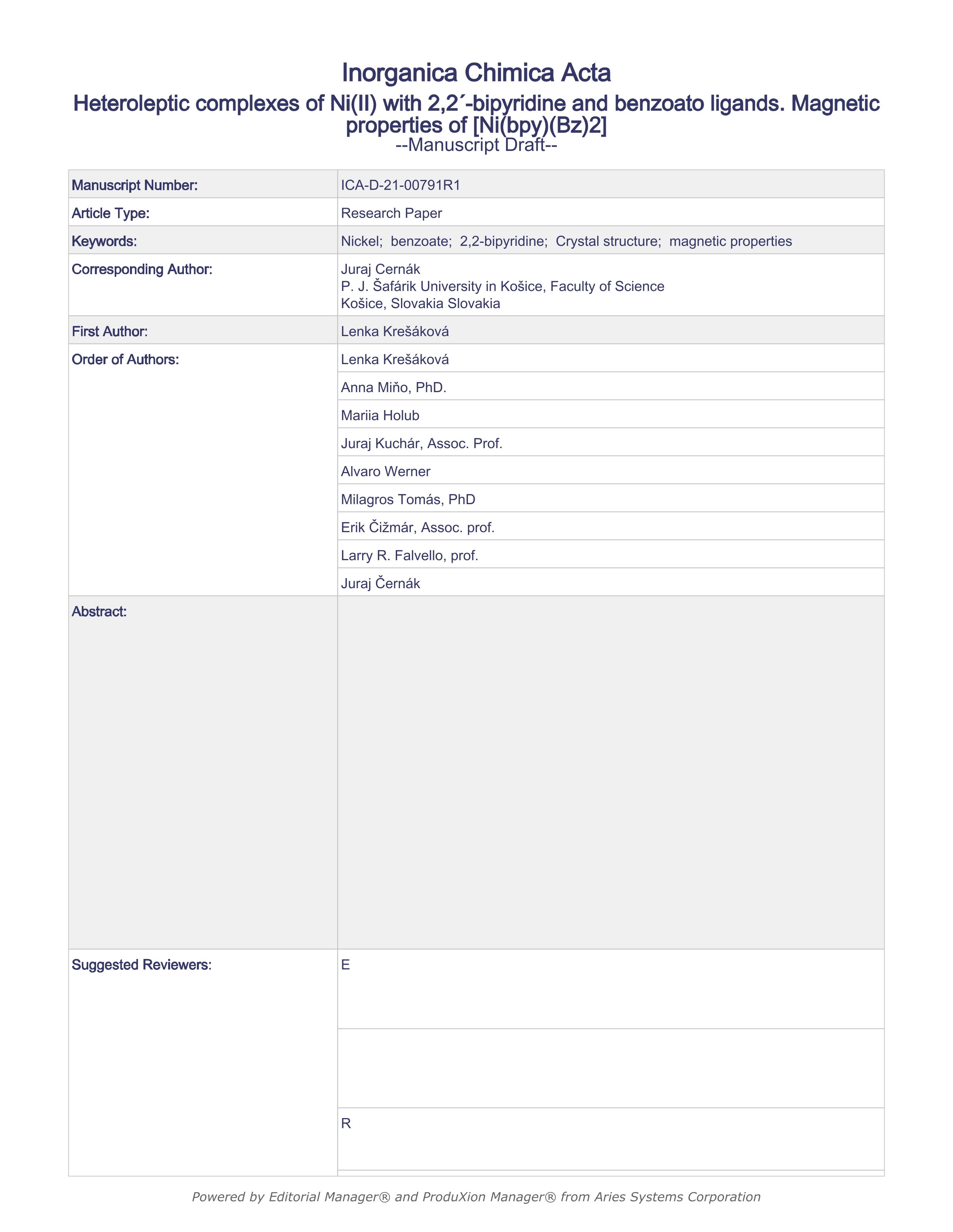 Heteroleptic complexes of Ni(II) with 2, 2'-bipyridine and benzoato ligands. Magnetic properties of [Ni(bpy)(Bz)2]