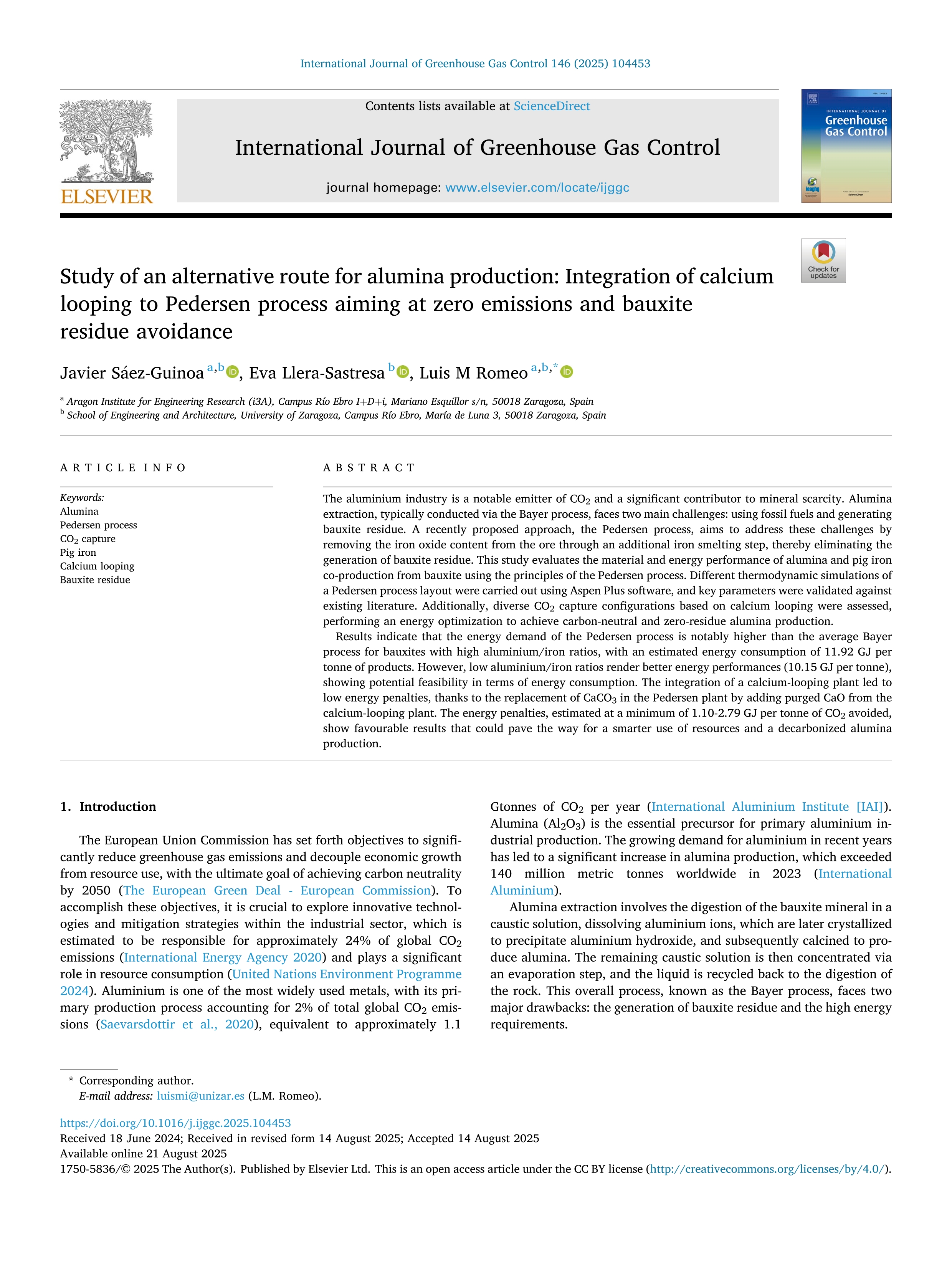 Study of an alternative route for alumina production: Integration of calcium looping to Pedersen process aiming at zero emissions and bauxite residue avoidance