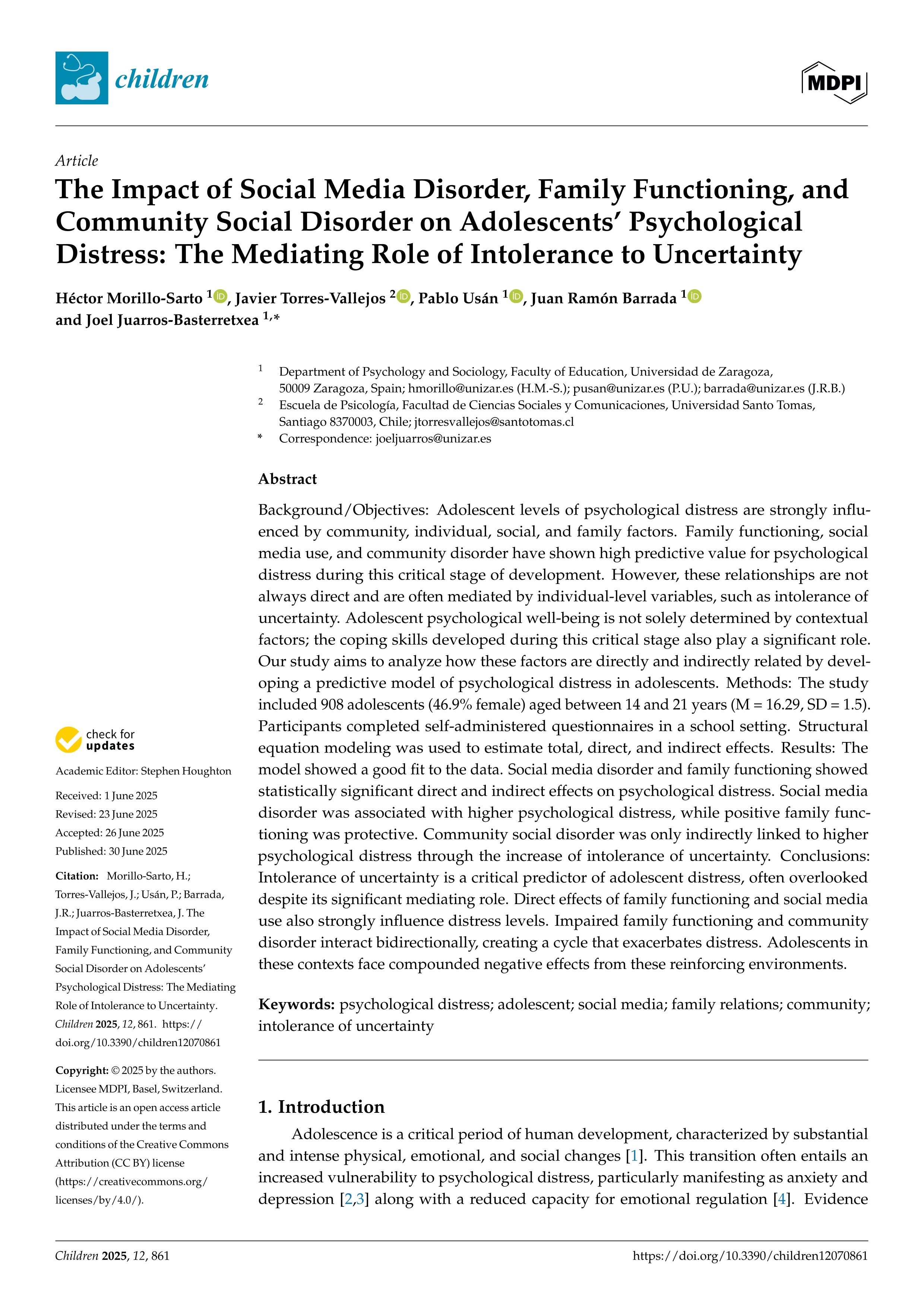 The Impact of Social Media Disorder, Family Functioning, and Community Social Disorder on Adolescents’ Psychological Distress: The Mediating Role of Intolerance to Uncertainty