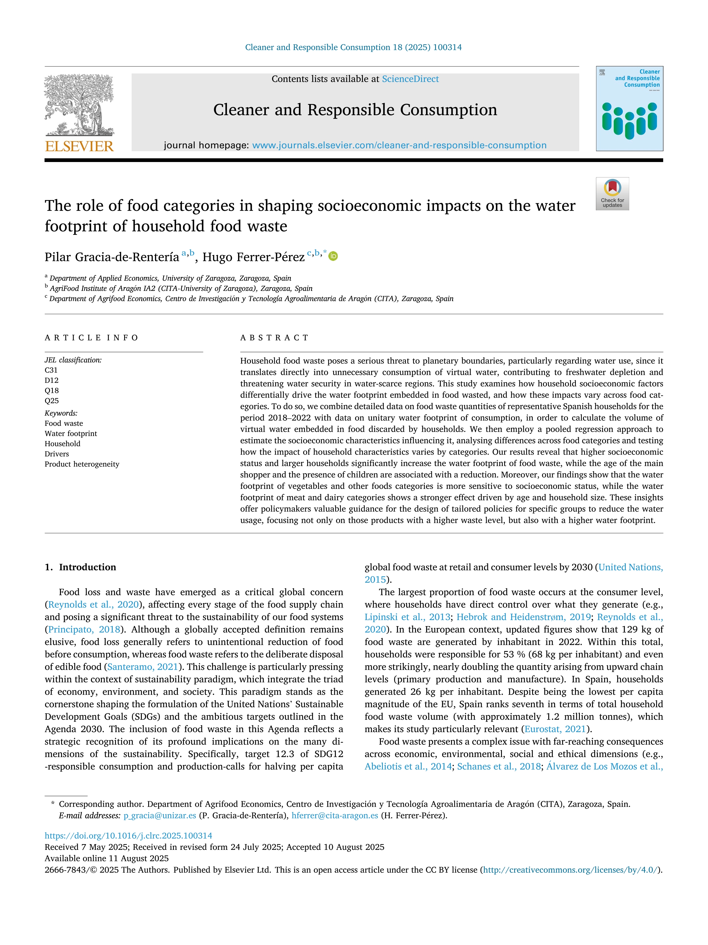 The role of food categories in shaping socioeconomic impacts on the water footprint of household food waste