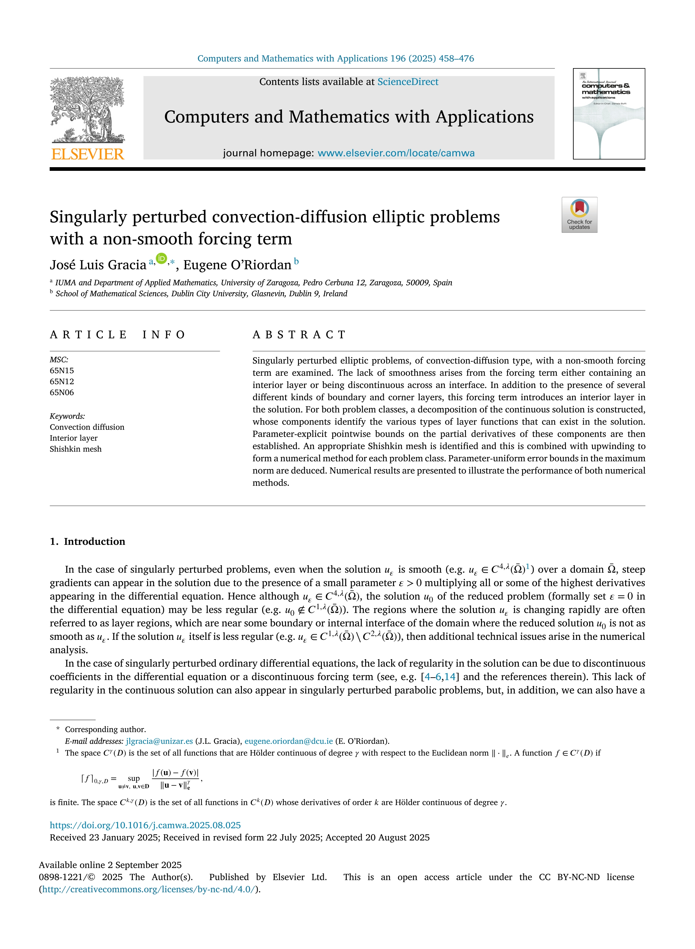 Singularly perturbed convection-diffusion elliptic problems with a non-smooth forcing term
