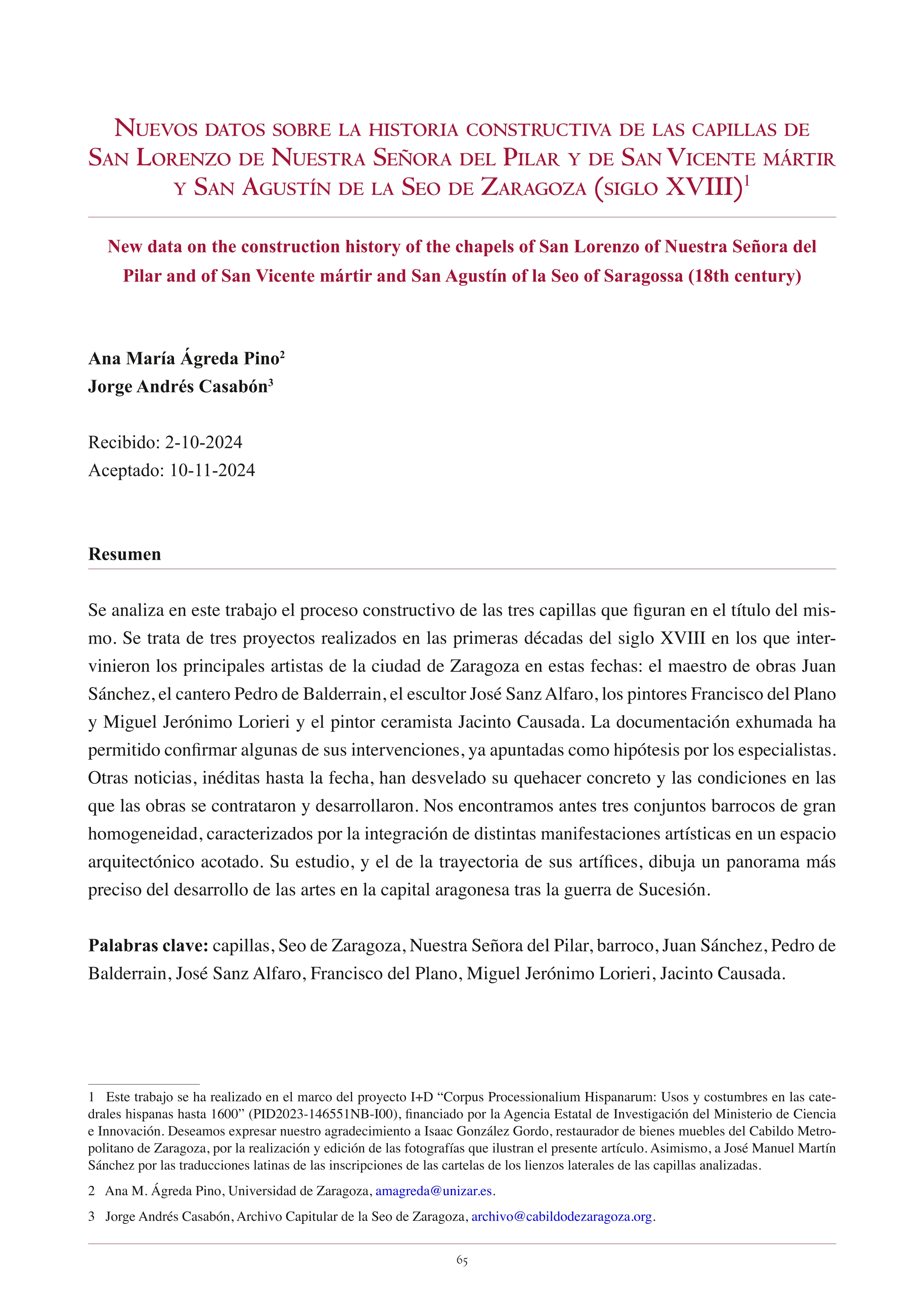 Nuevos datos sobre la historia constructiva de las capillas de San Lorenzo de Nuestra Señora del Pilar y de San Vicente mártiry San Agustín de la Seo de Zaragoza (siglo XVIII)