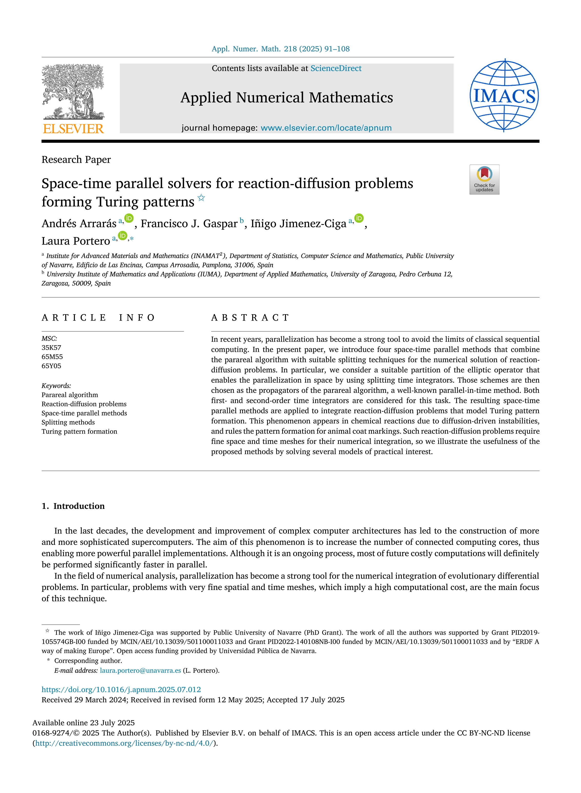 Space-time parallel solvers for reaction-diffusion problems forming Turing patterns