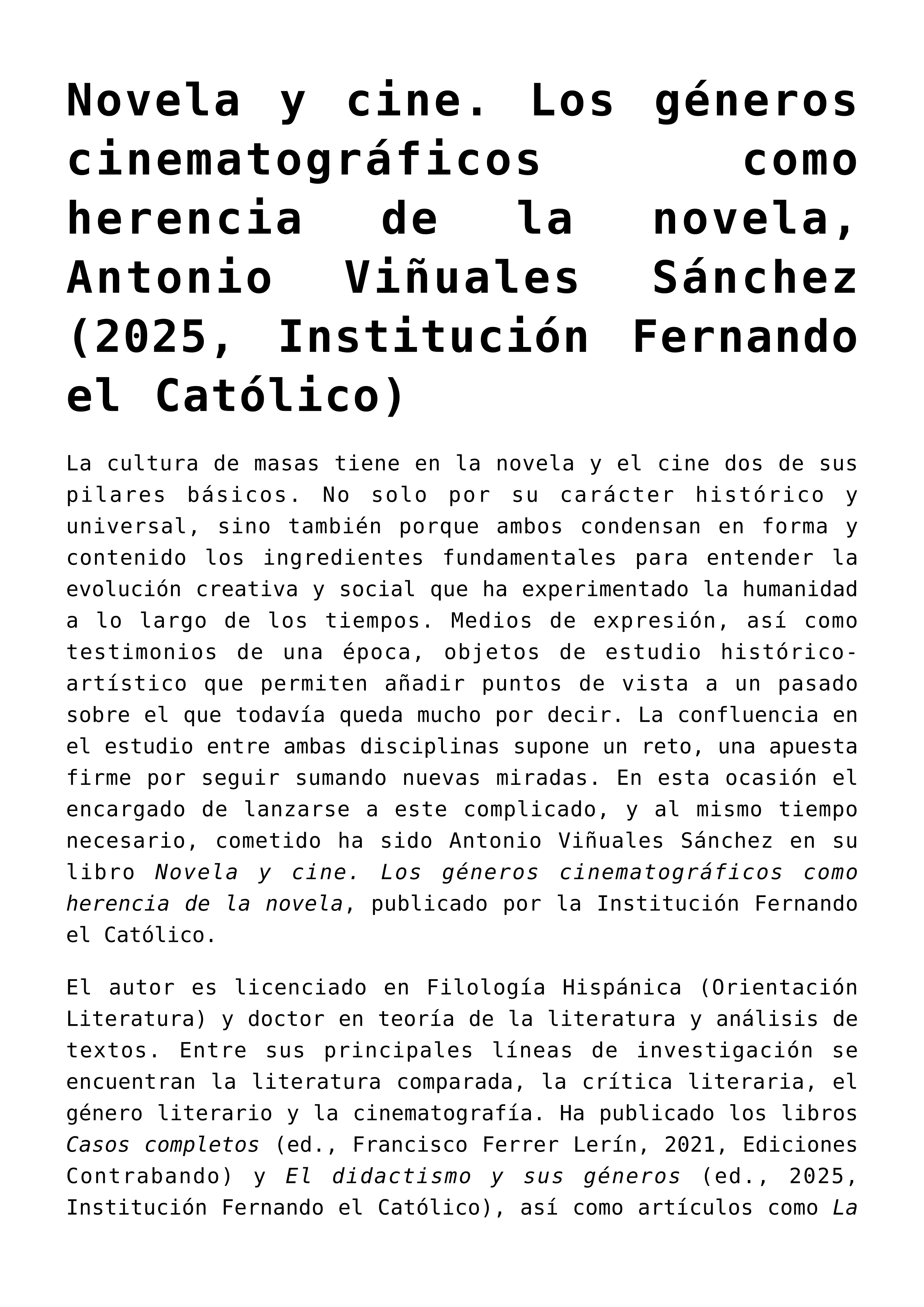 Novela y cine. Los géneros cinematográficos como herencia de la novela, Antonio Viñuales Sánchez (2025, Institución Fernando el Católico)