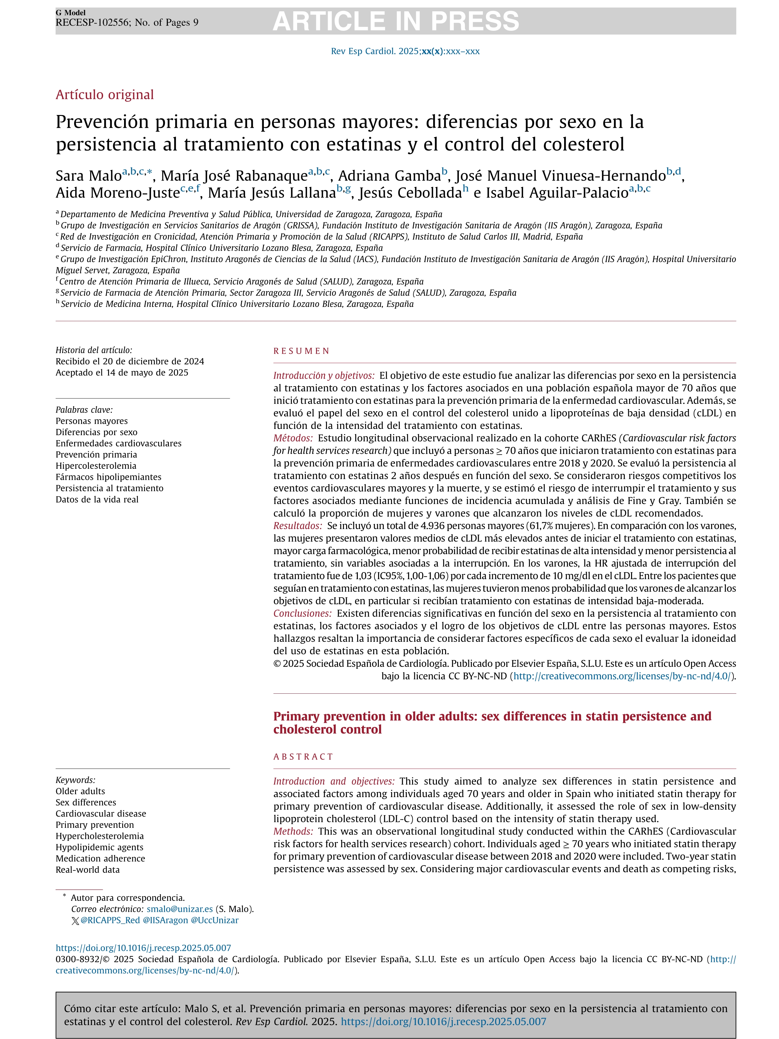 Prevención primaria en personas mayores: diferencias por sexo en la persistencia al tratamiento con estatinas y el control del colesterol