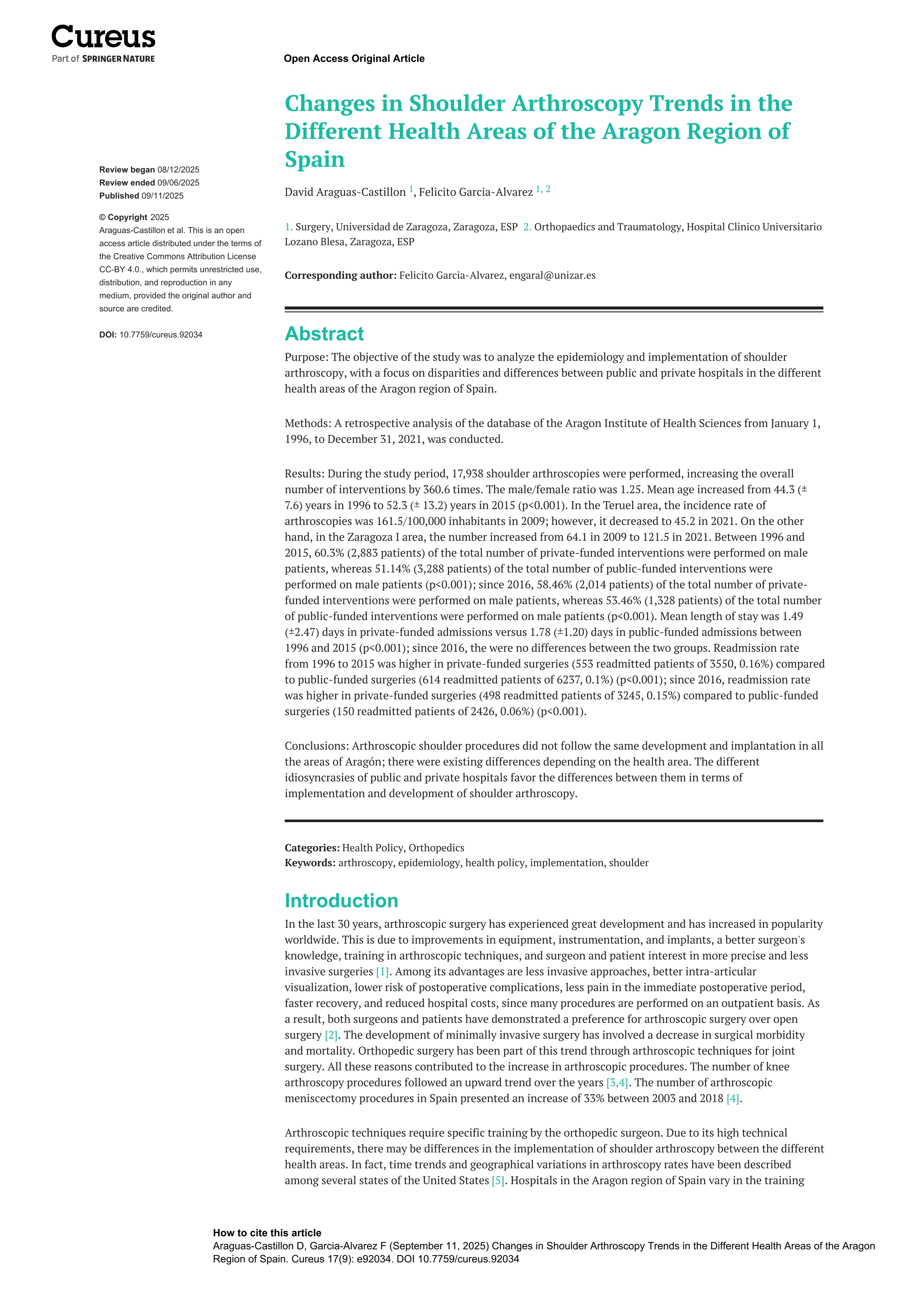 Changes in shoulder arthroscopy trends in the different health areas of the aragon region of spain