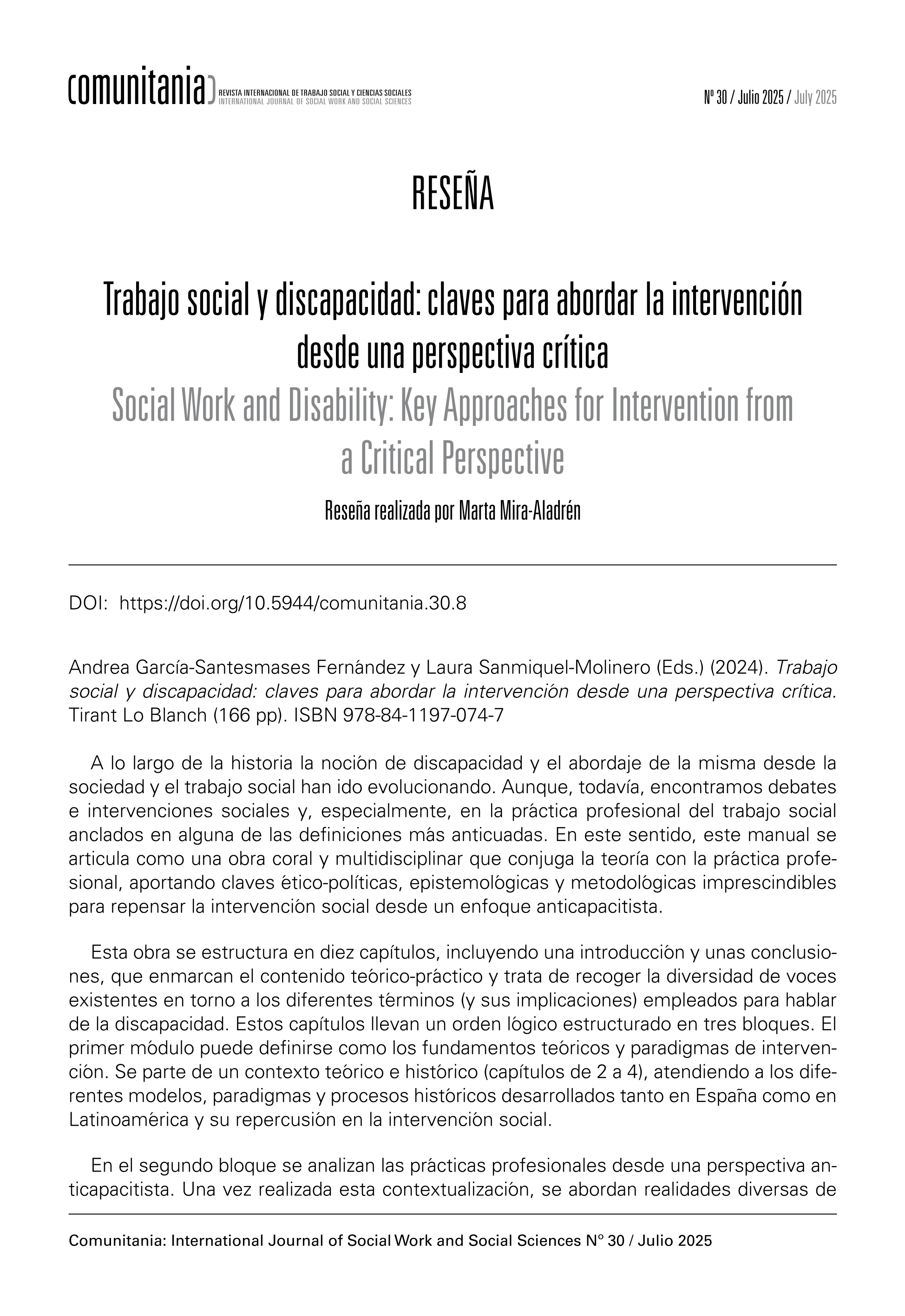Trabajo social y discapacidad: claves para abordar la intervención desde una perspectiva crítica de Andrea García-Santesmases  y Laura Sanmiquel-Molinero (Eds.)