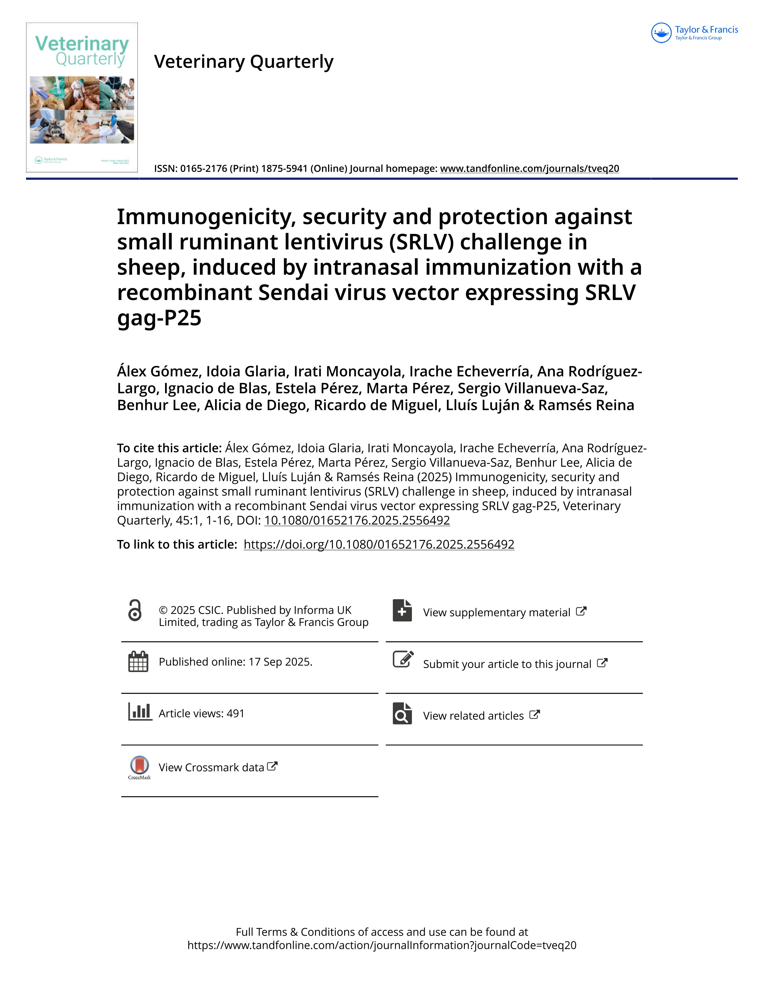 Immunogenicity, security and protection against small ruminant lentivirus (SRLV) challenge in sheep, induced by intranasal immunization with a recombinant Sendai virus vector expressing SRLV gag-P25
