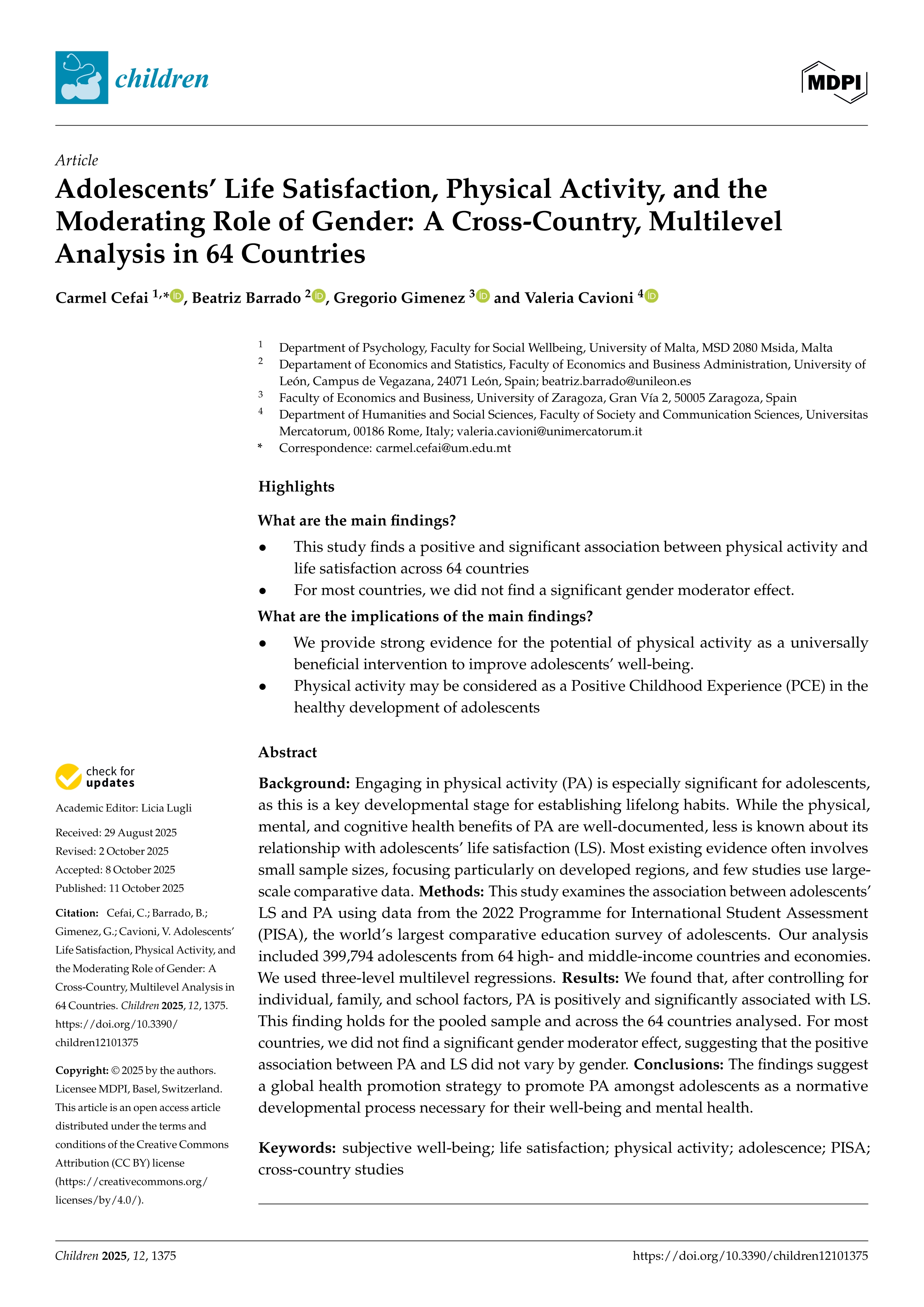 Adolescents’ Life Satisfaction, Physical Activity, and the Moderating Role of Gender: A Cross-Country, Multilevel Analysis in 64 Countries