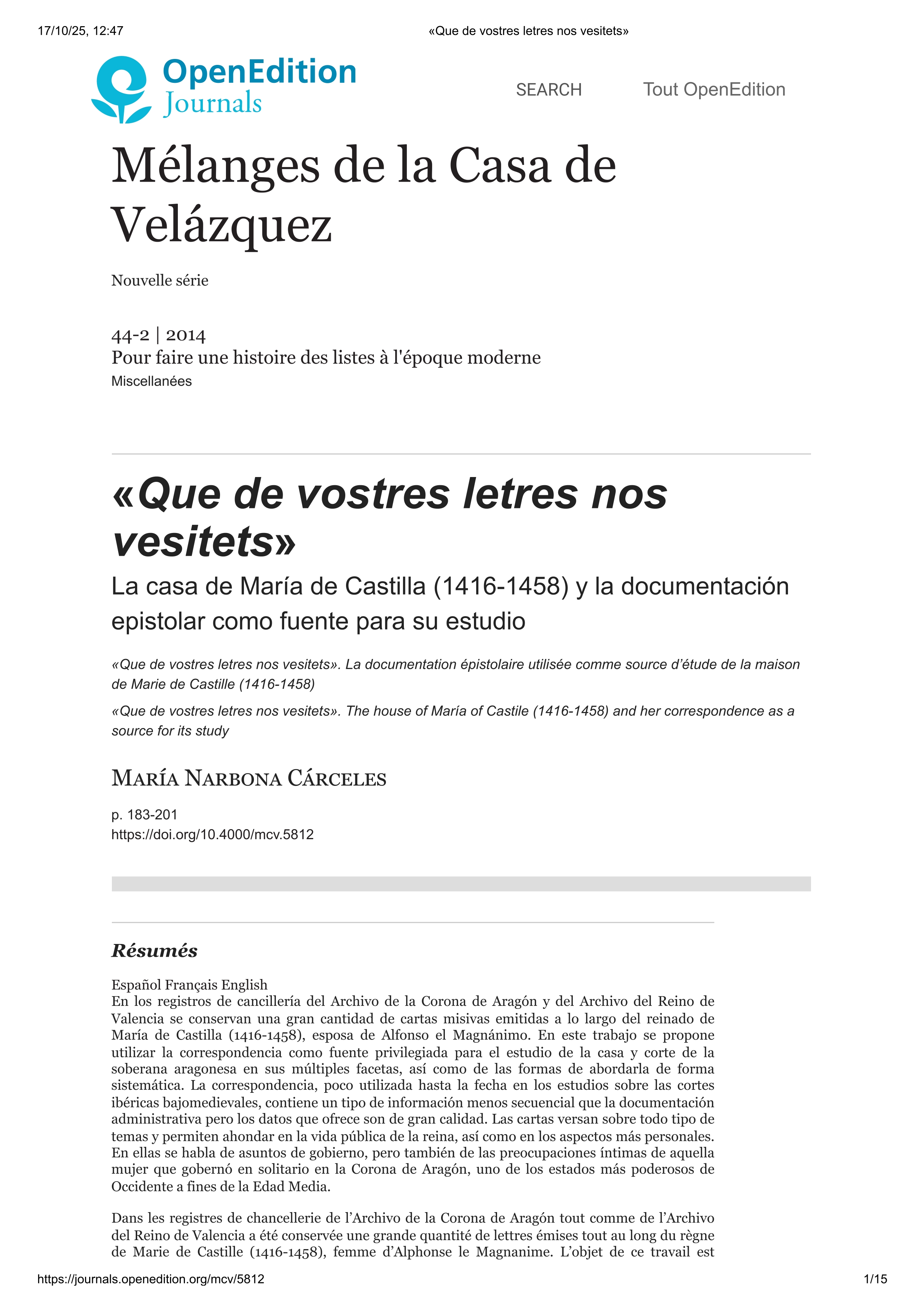 'Que de vostres letres nos vesitets'. La casa de María de Castilla (1416-1458) y la documentación epistolar como fuente para su estudio