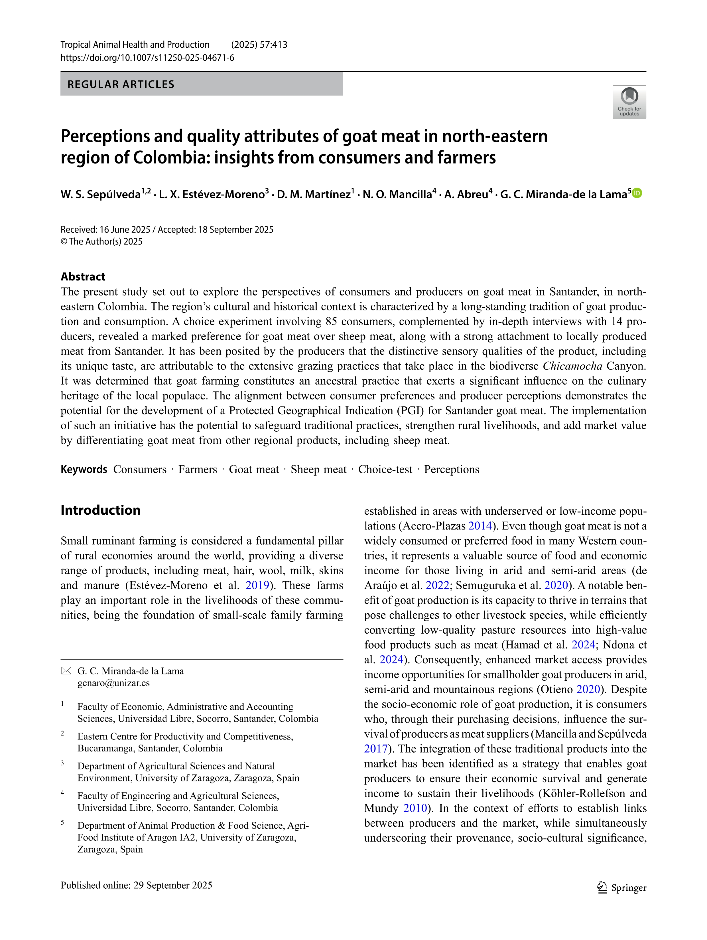 Perceptions and quality attributes of goat meat in north-eastern region of Colombia: insights from consumers and farmers