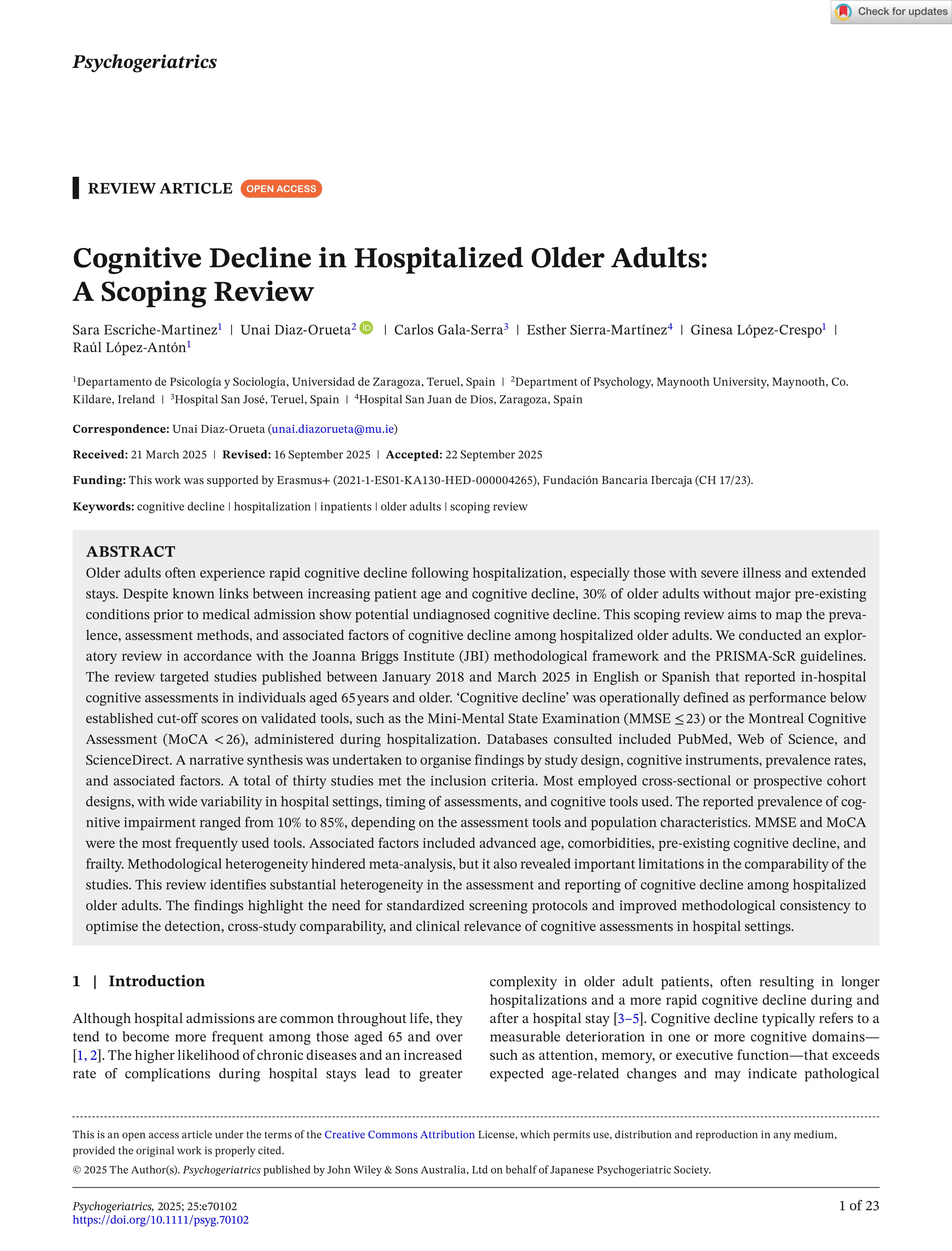 Cognitive Decline in Hospitalized Older Adults: A Scoping Review