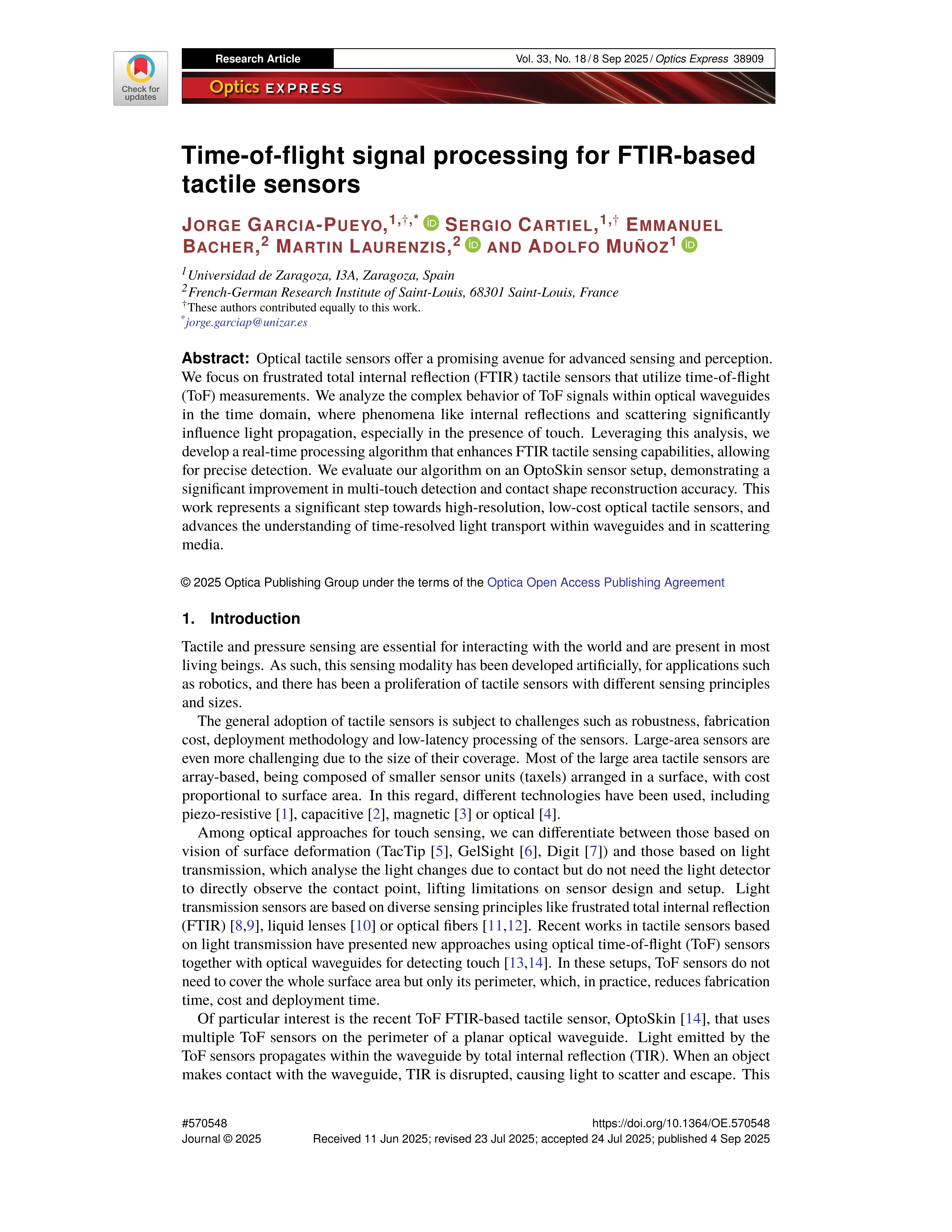 Time-of-flight signal processing for FTIR-based tactile sensors