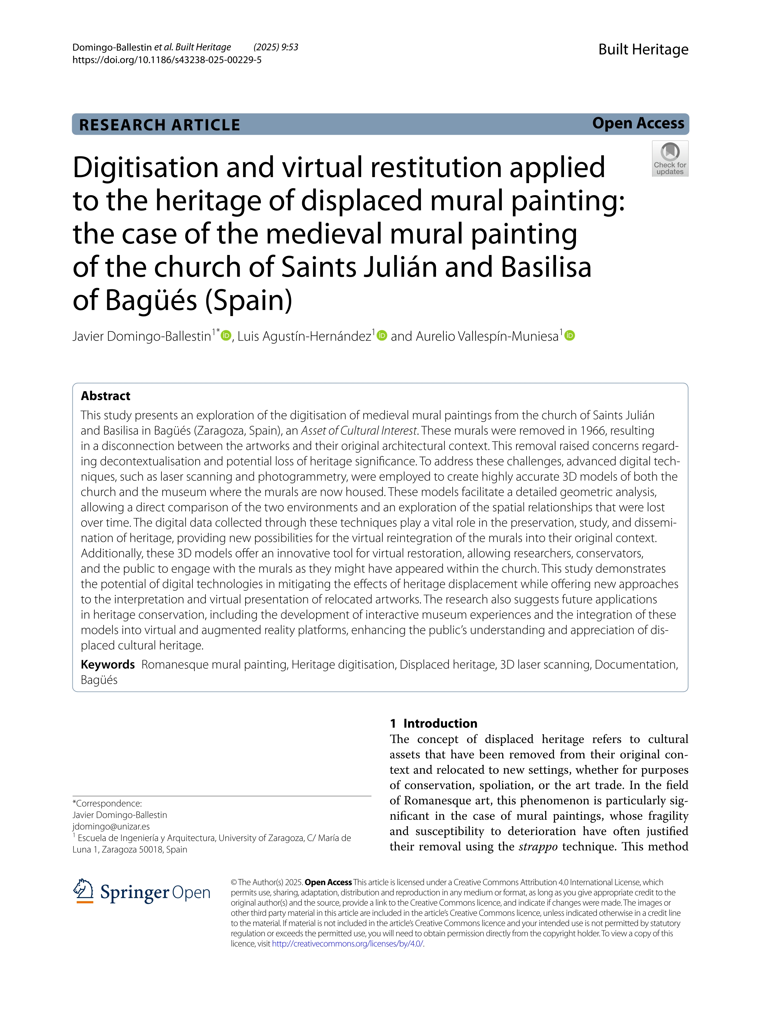 Digitisation and virtual restitution applied to the heritage of displaced mural painting: the case of the medieval mural painting of the church of Saints Julián and Basilisa of Bagüés (Spain)