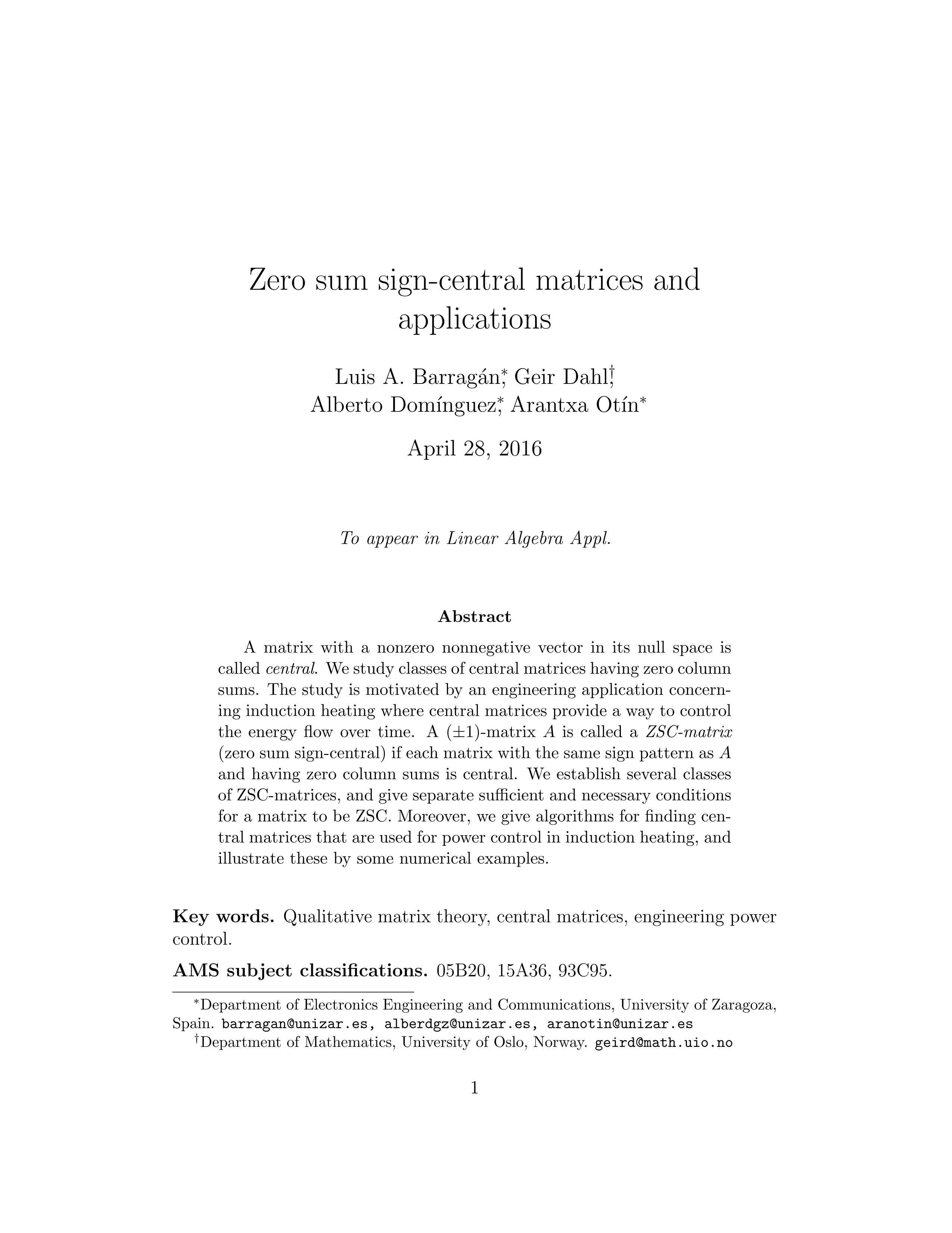 Zero sum sign-central matrices and applications