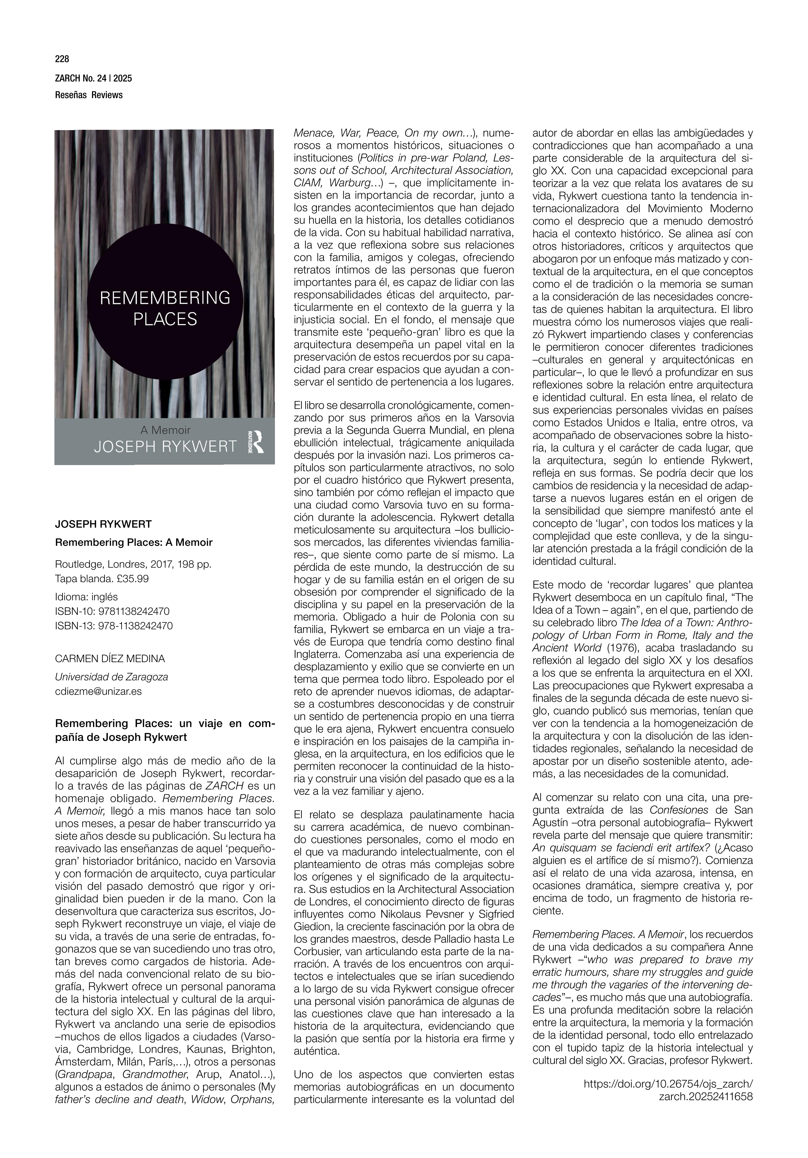 Recordando a Joseph Rykwert. Un viaje a través de lugares, personas y arquitecturas. Reseña de JOSEPH RYCKWERT Remembering Places. A Memoir