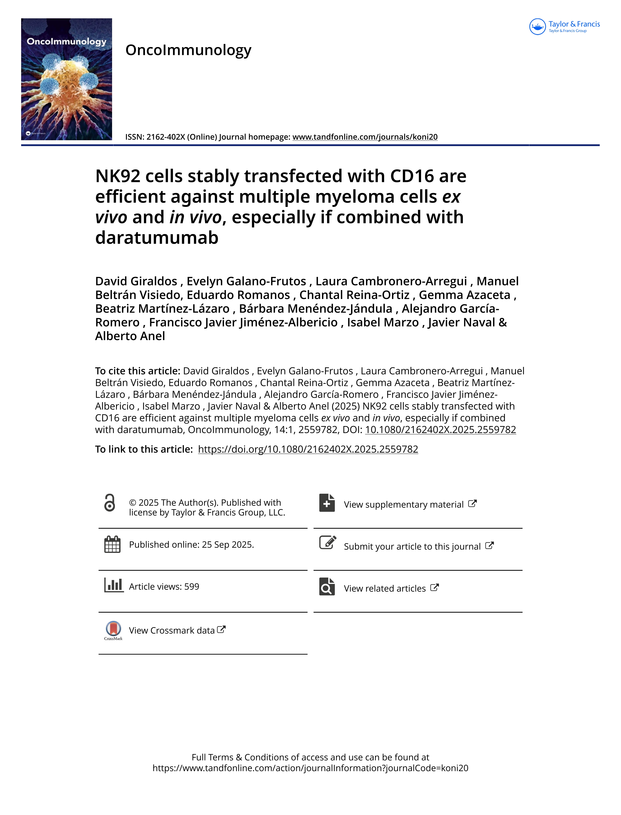 NK92 cells stably transfected with CD16 are efficient against multiple myeloma cells ex vivo and in vivo, especially if combined with daratumumab