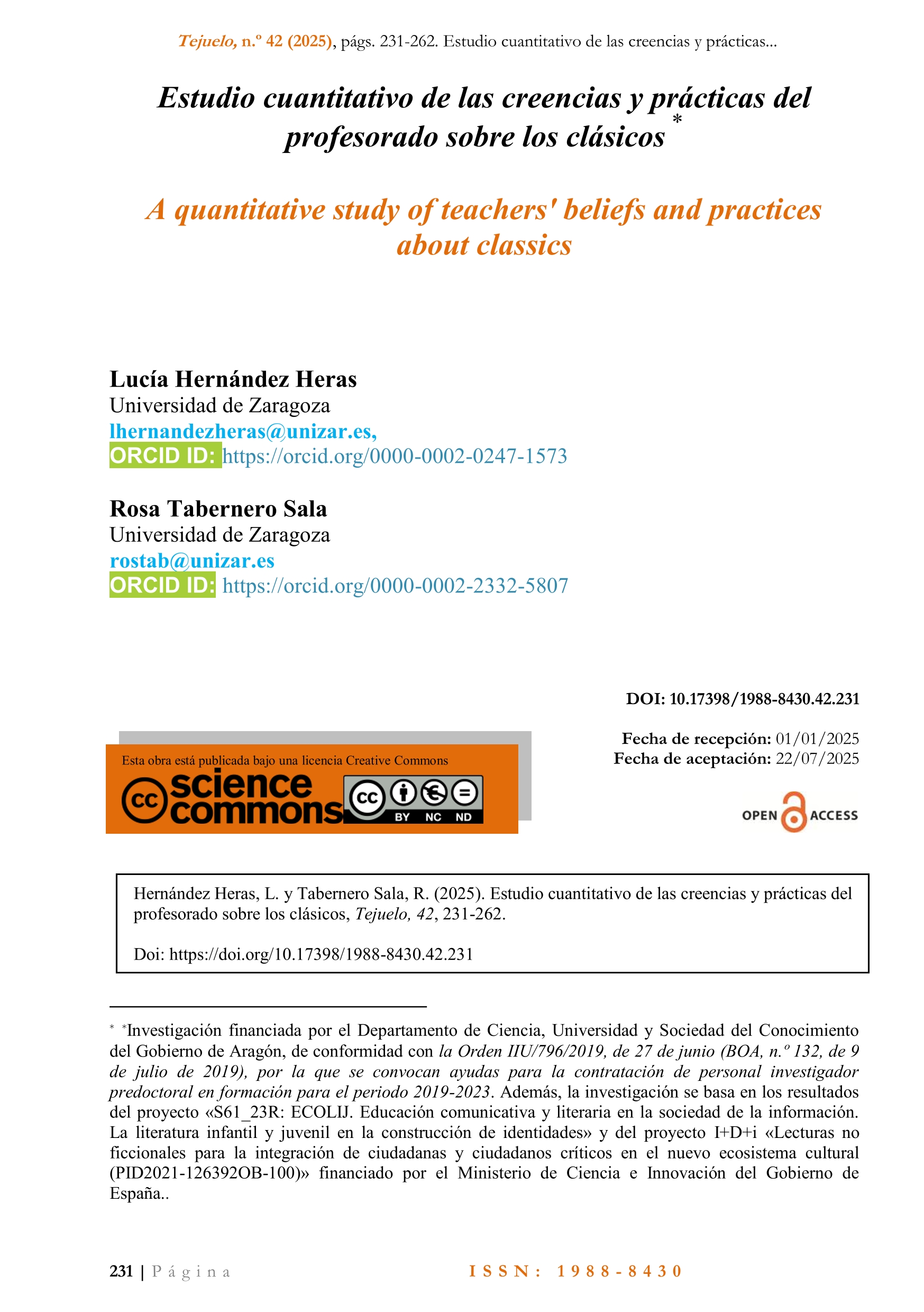 Estudio cuantitativo de las creencias y prácticas del profesorado sobre los clásicos / A quantitative study of teachers' beliefs and practices about classics