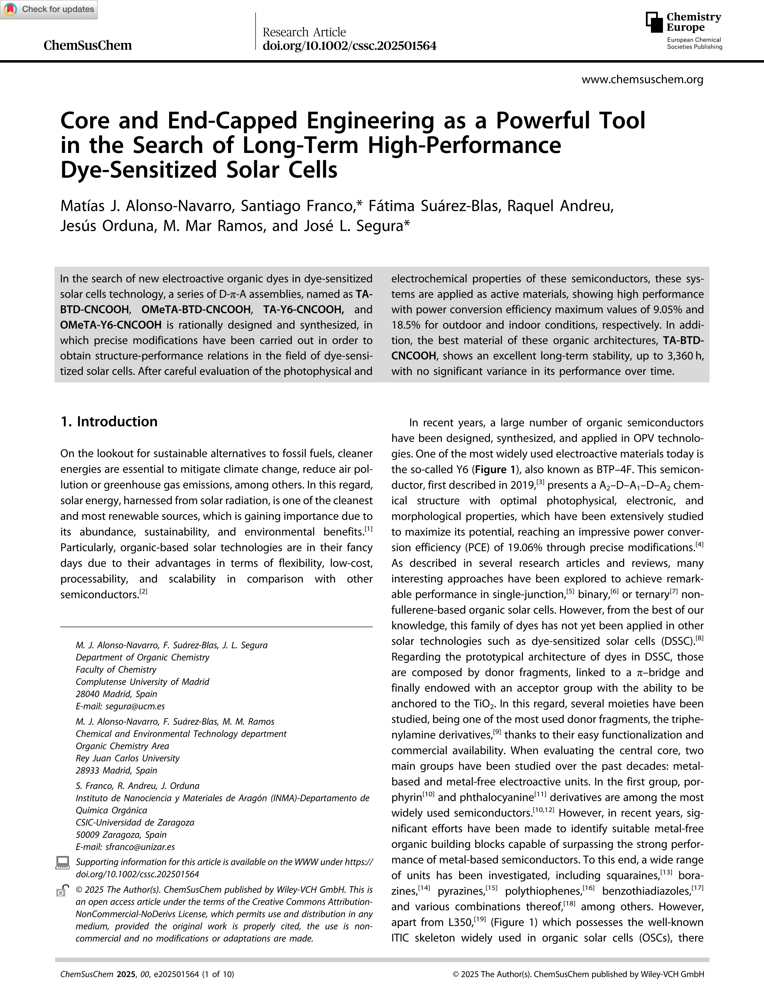 Core and End‐Capped Engineering as a Powerful Tool in the Search of Long‐Term High‐Performance Dye‐Sensitized Solar Cells