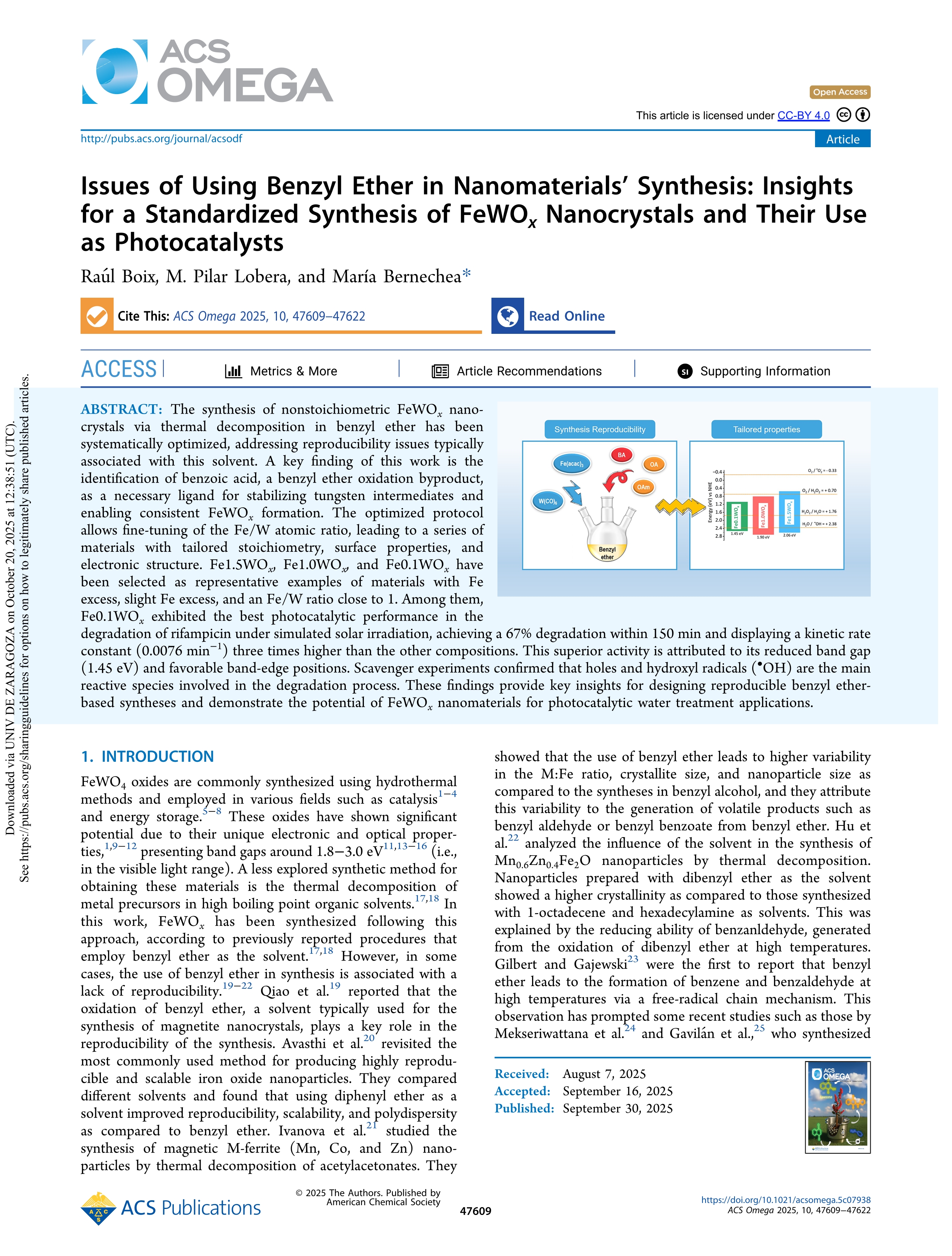 Issues of Using Benzyl Ether in Nanomaterials’ Synthesis: Insights for a Standardized Synthesis of FeWO<sub><i>x</i></sub> Nanocrystals and Their Use as Photocatalysts