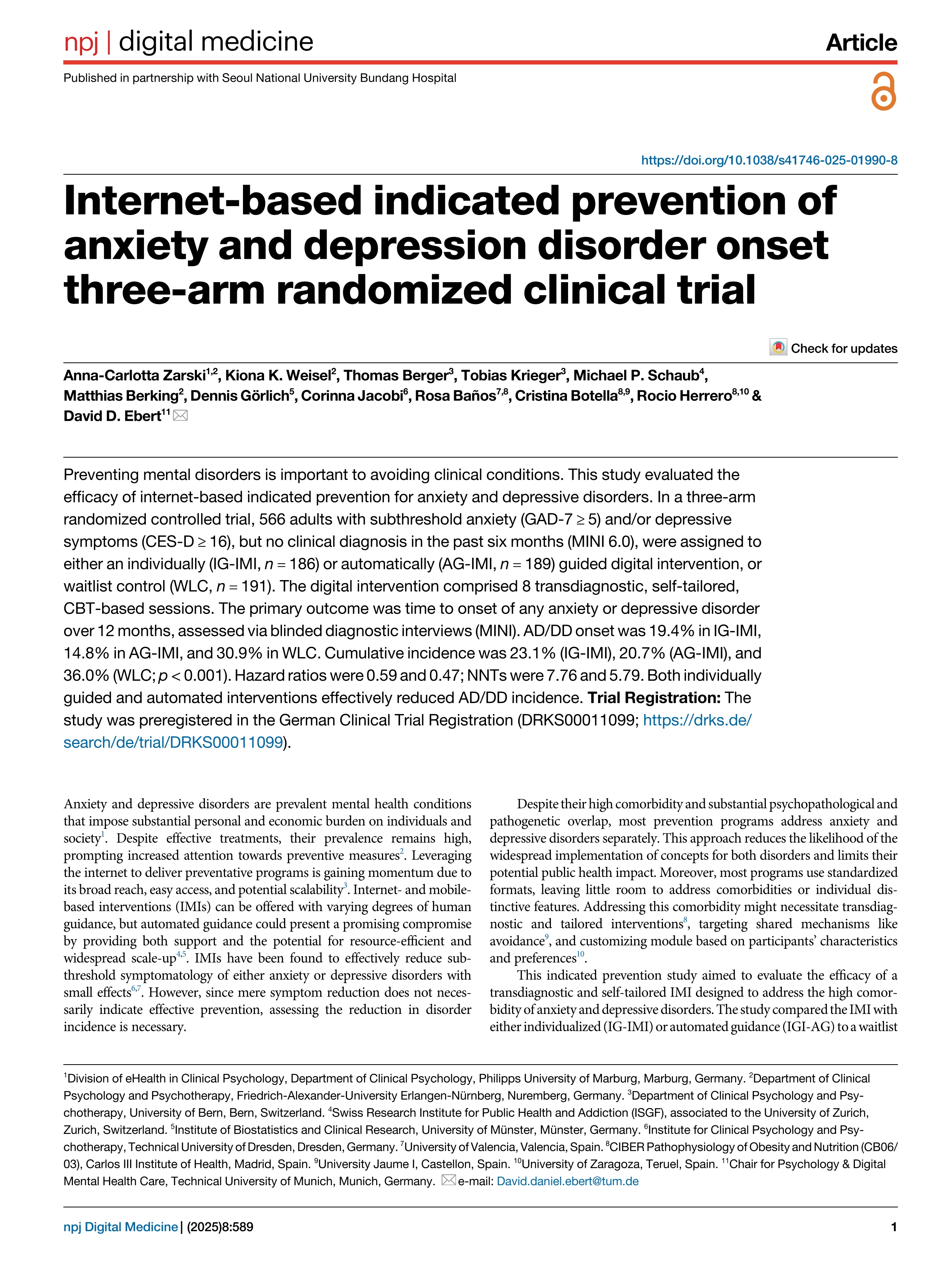 Internet-based indicated prevention of anxiety and depression disorder onset three-arm randomized clinical trial