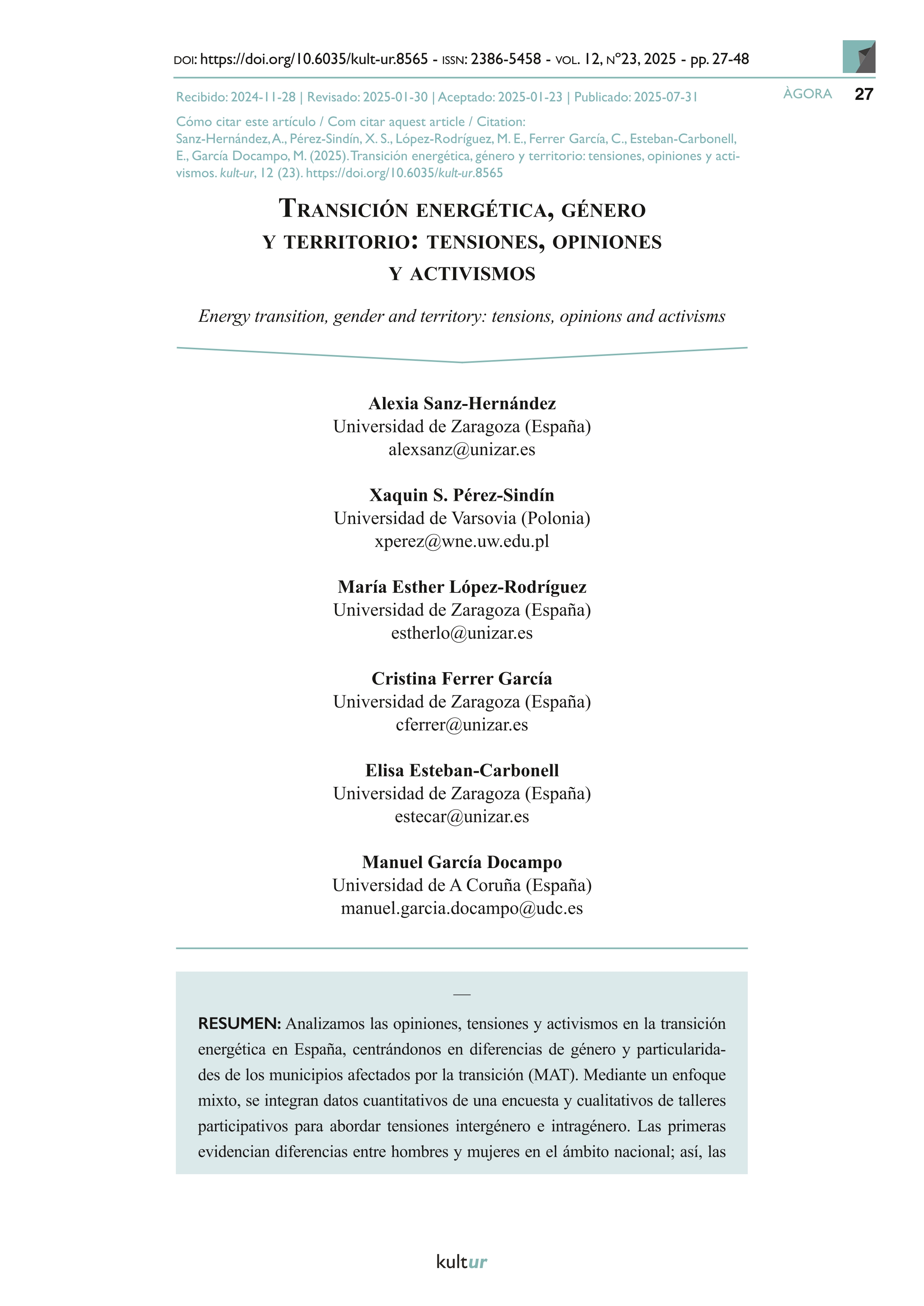 Transición energética, género y territorio: tensiones, opiniones y activismos.