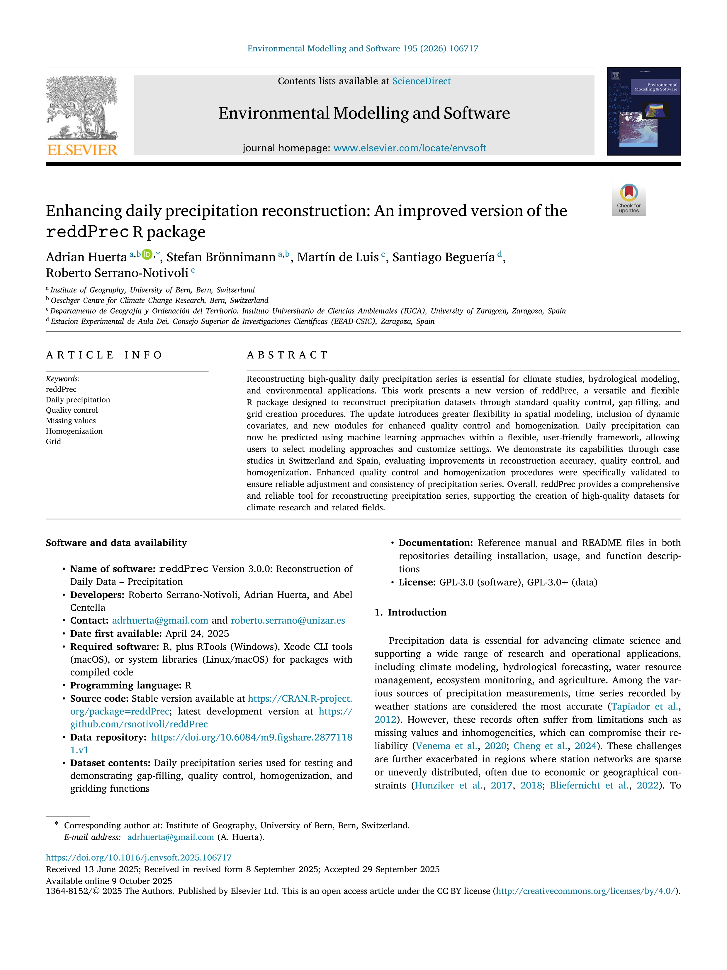 Enhancing daily precipitation reconstruction: An improved version of the reddPrec R package