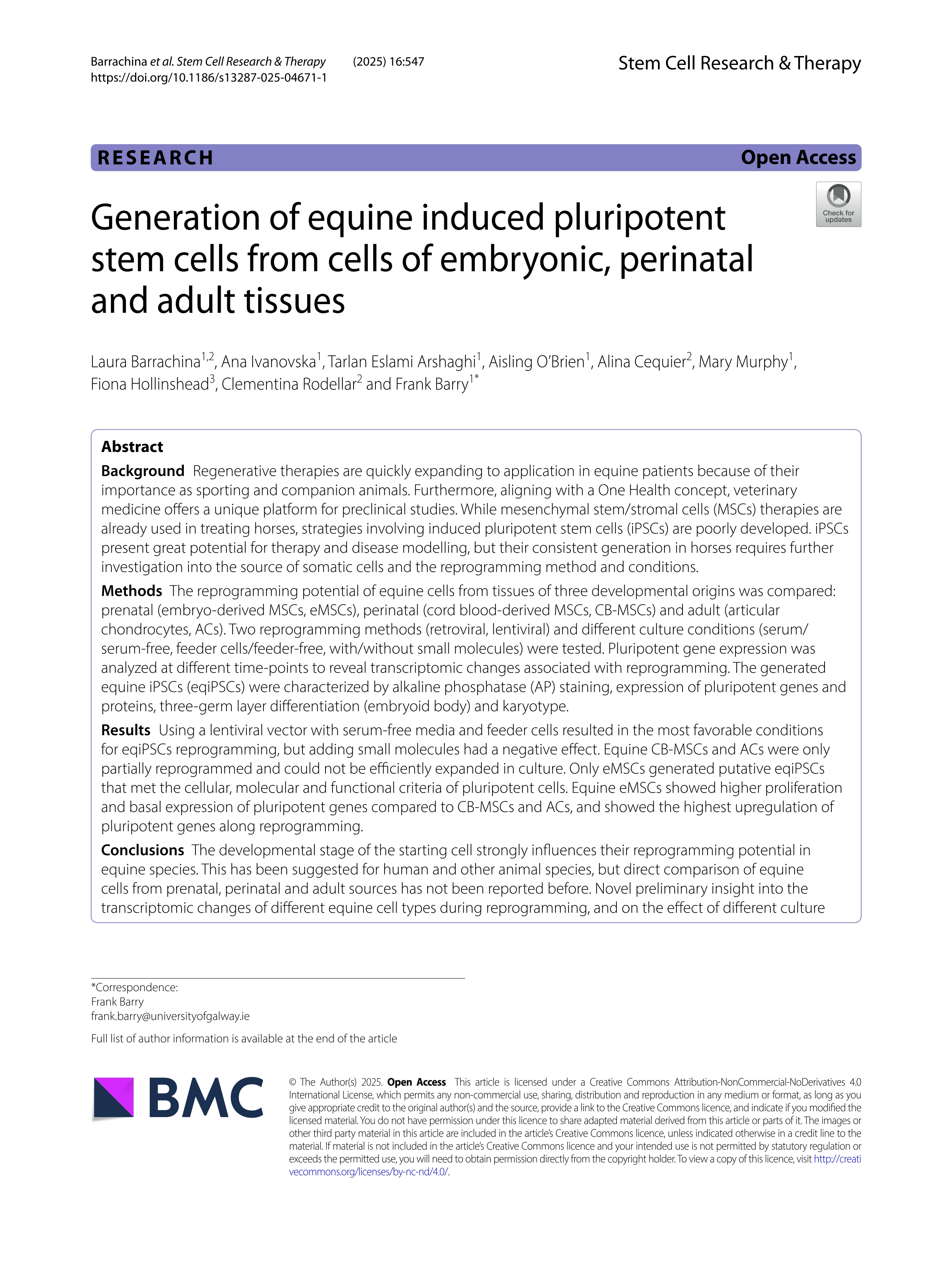 Generation of equine induced pluripotent stem cells from cells of embryonic, perinatal and adult tissues