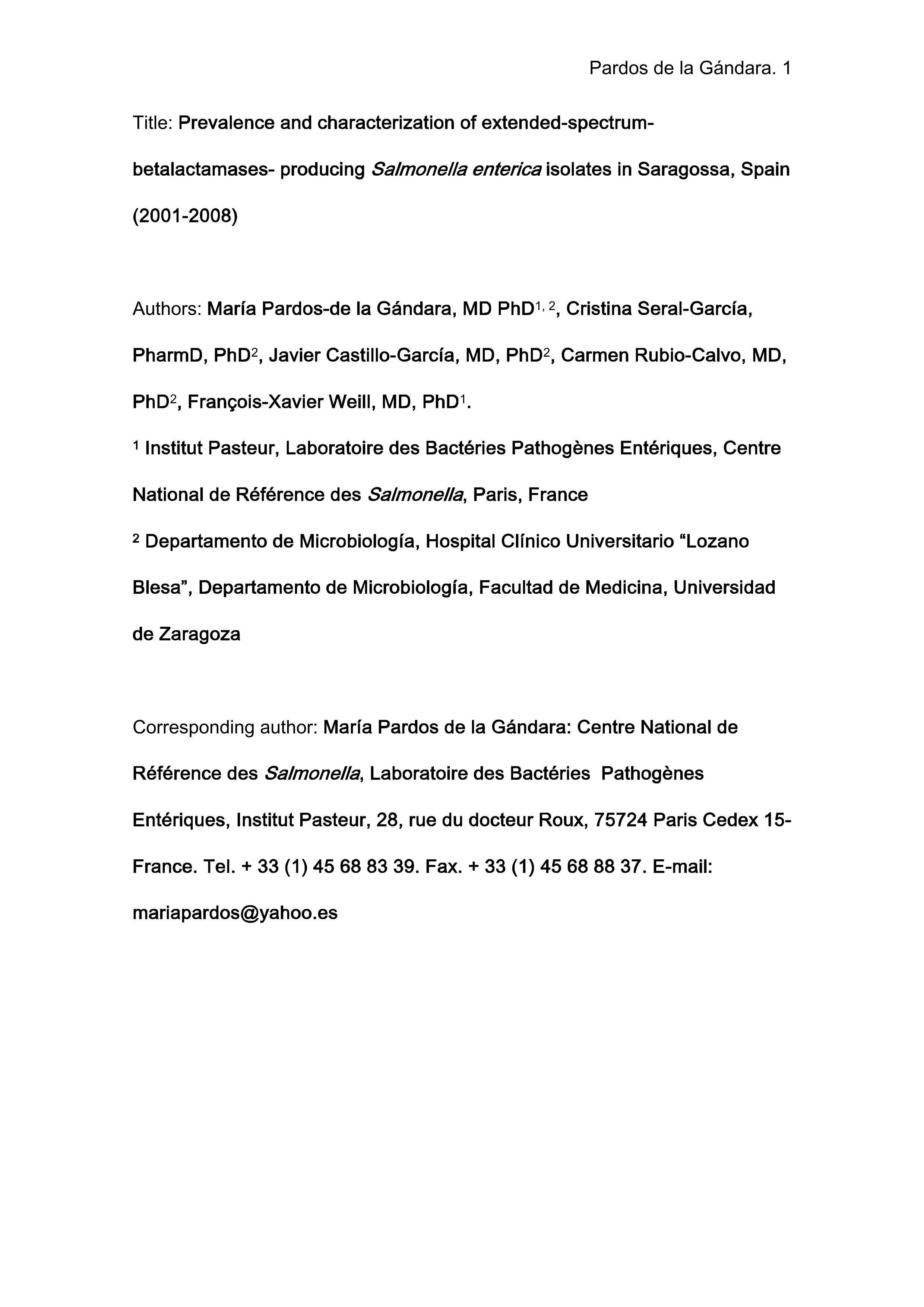 Prevalence and Characterization of Extended-Spectrum Beta-lactamases-Producing Salmonella enterica Isolates in Saragossa, Spain (2001–2008)