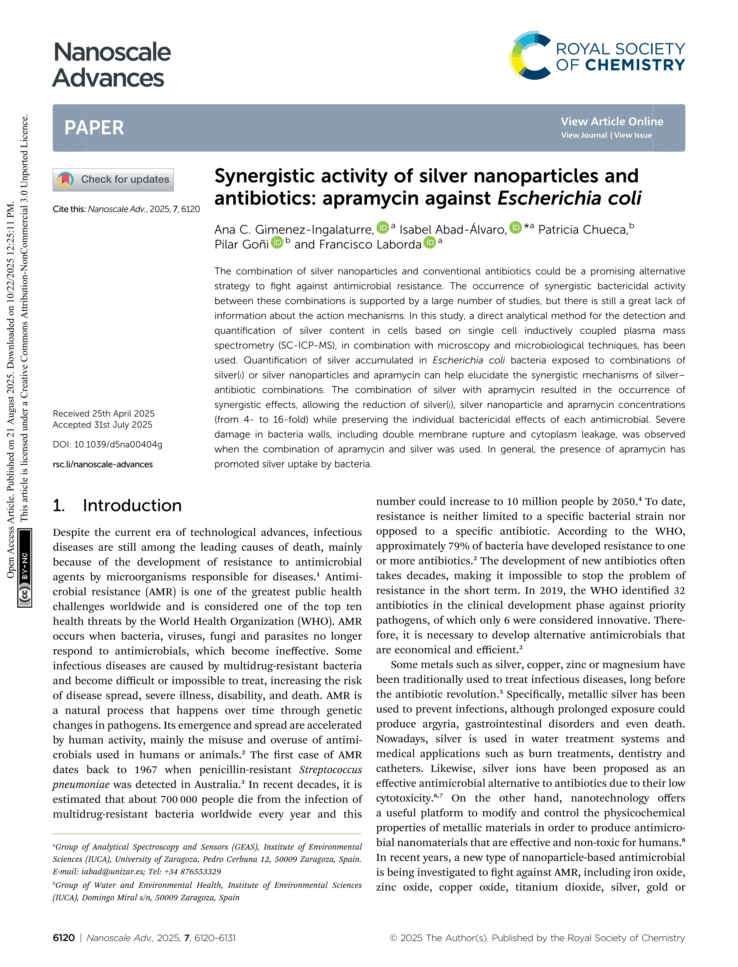 Synergistic activity of silver nanoparticles and antibiotics: apramycin against <i>Escherichia coli</i>