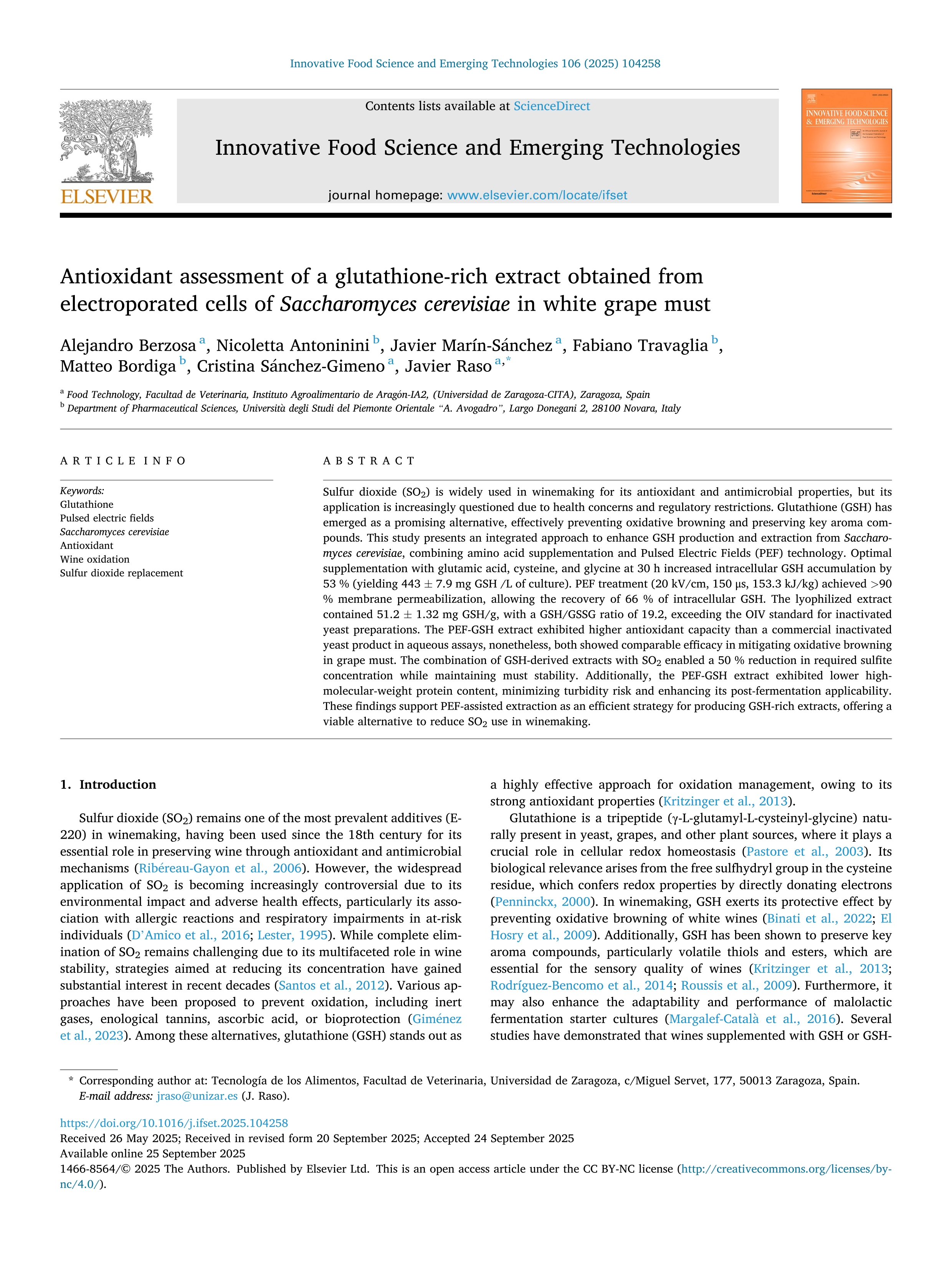 Antioxidant assessment of a glutathione-rich extract obtained from electroporated cells of Saccharomyces cerevisiae in white grape must