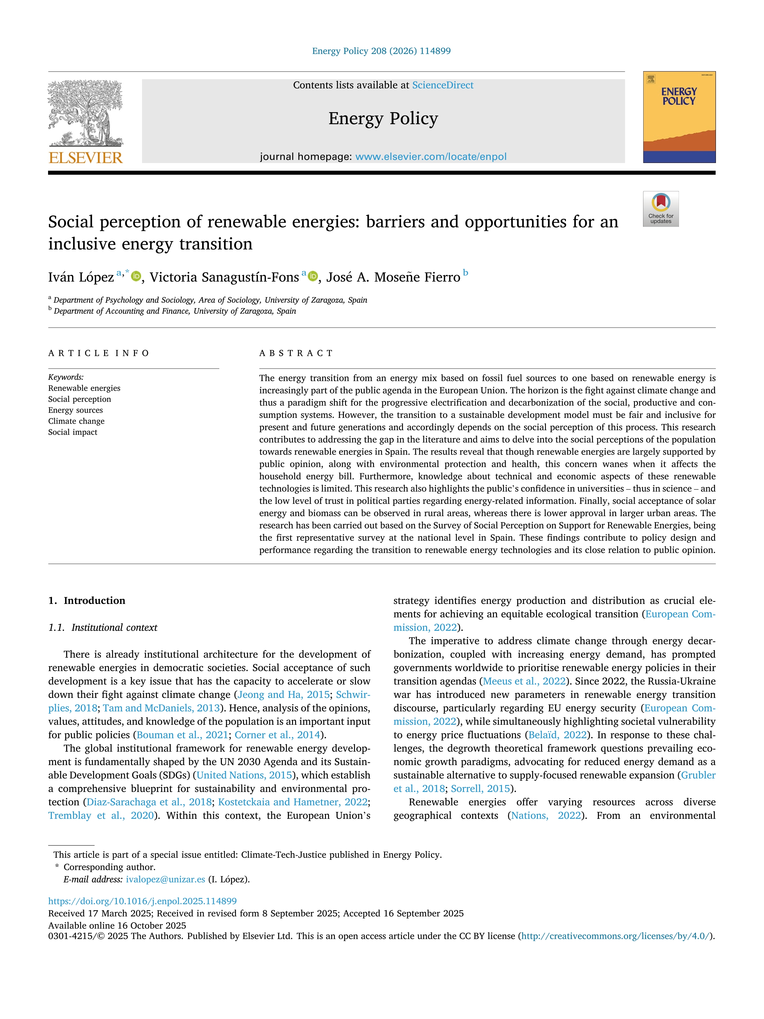 Social perception of renewable energies: barriers and opportunities for an inclusive energy transition