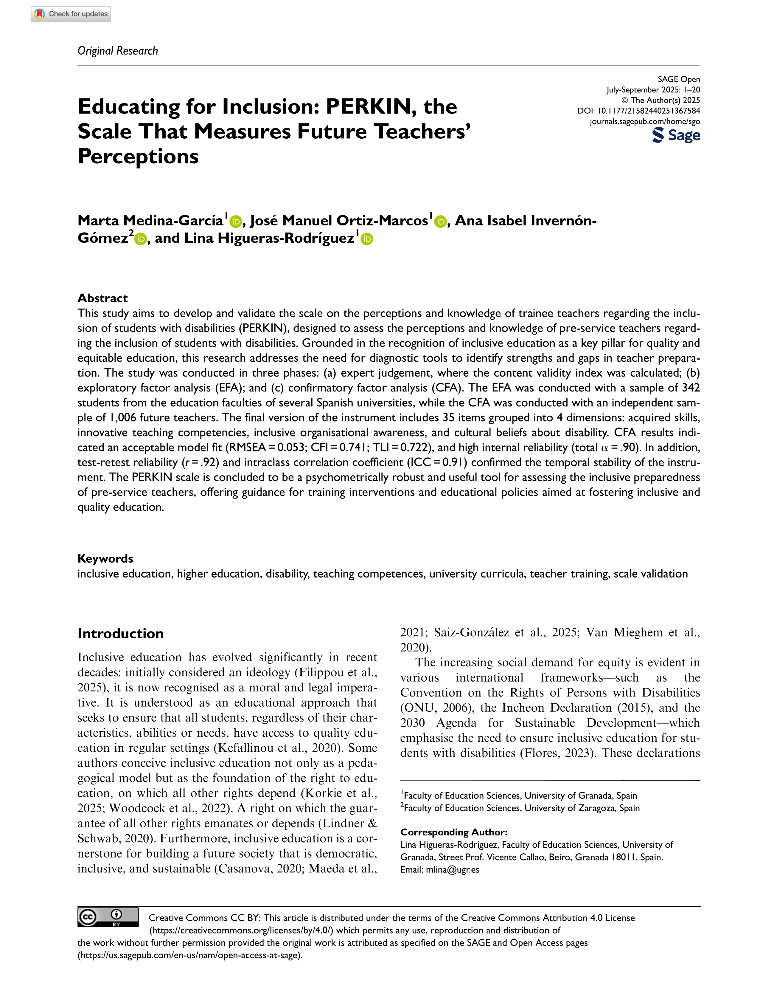Educating for Inclusion: PERKIN, the scale That Measures Future Teachers’ Perceptions