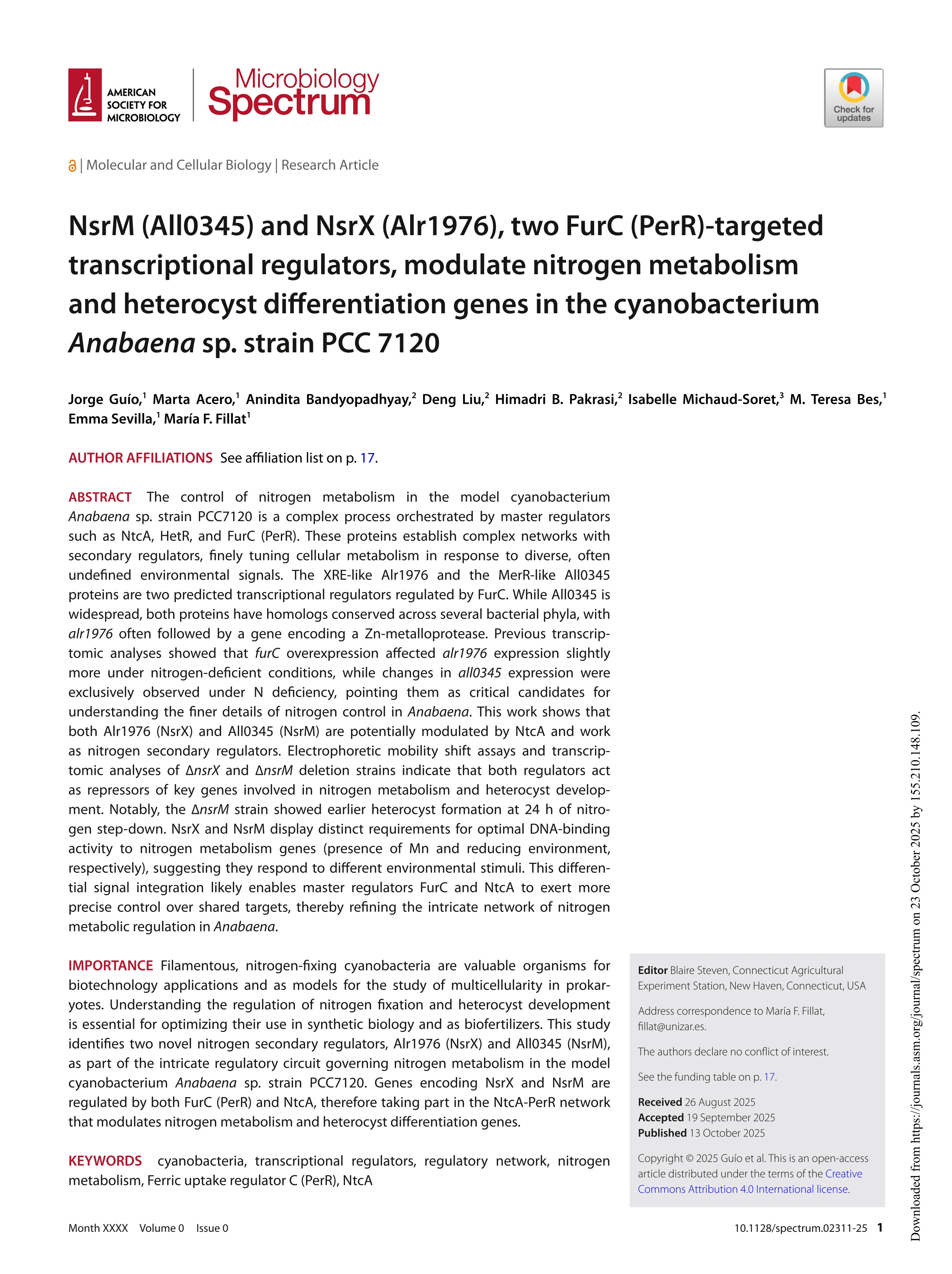 NsrM (All0345) and NsrX (Alr1976), two FurC (PerR)-targeted transcriptional regulators, modulate nitrogen metabolism and heterocyst differentiation genes in the cyanobacterium            <i>Anabaena</i>            sp. strain PCC 7120