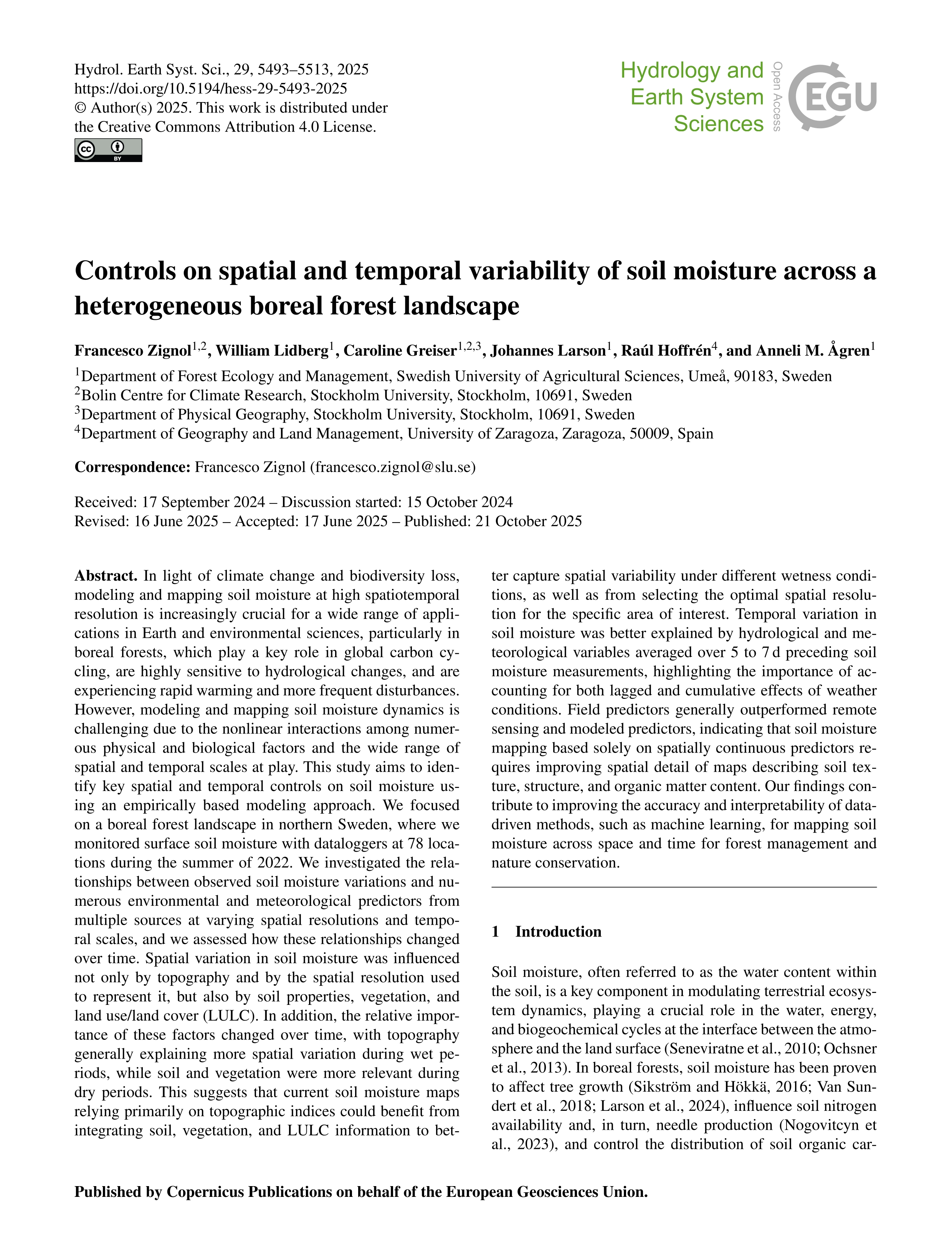 Controls on spatial and temporal variability of soil moisture across a heterogeneous boreal forest landscape