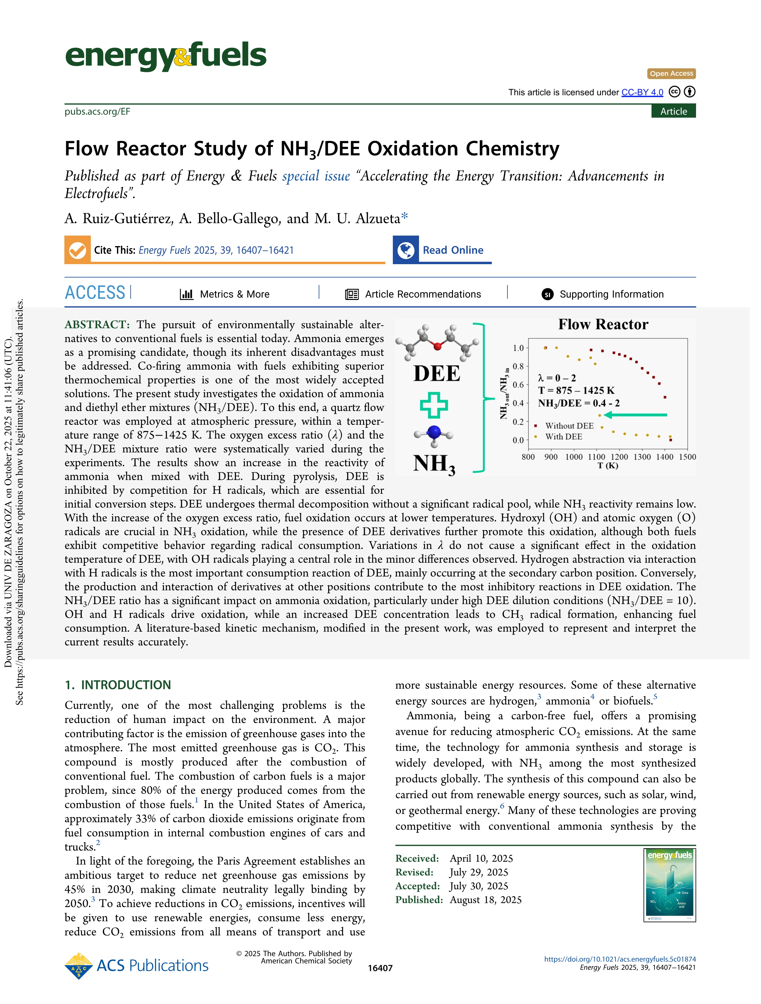 Flow Reactor Study of NH3/DEE Oxidation Chemistry