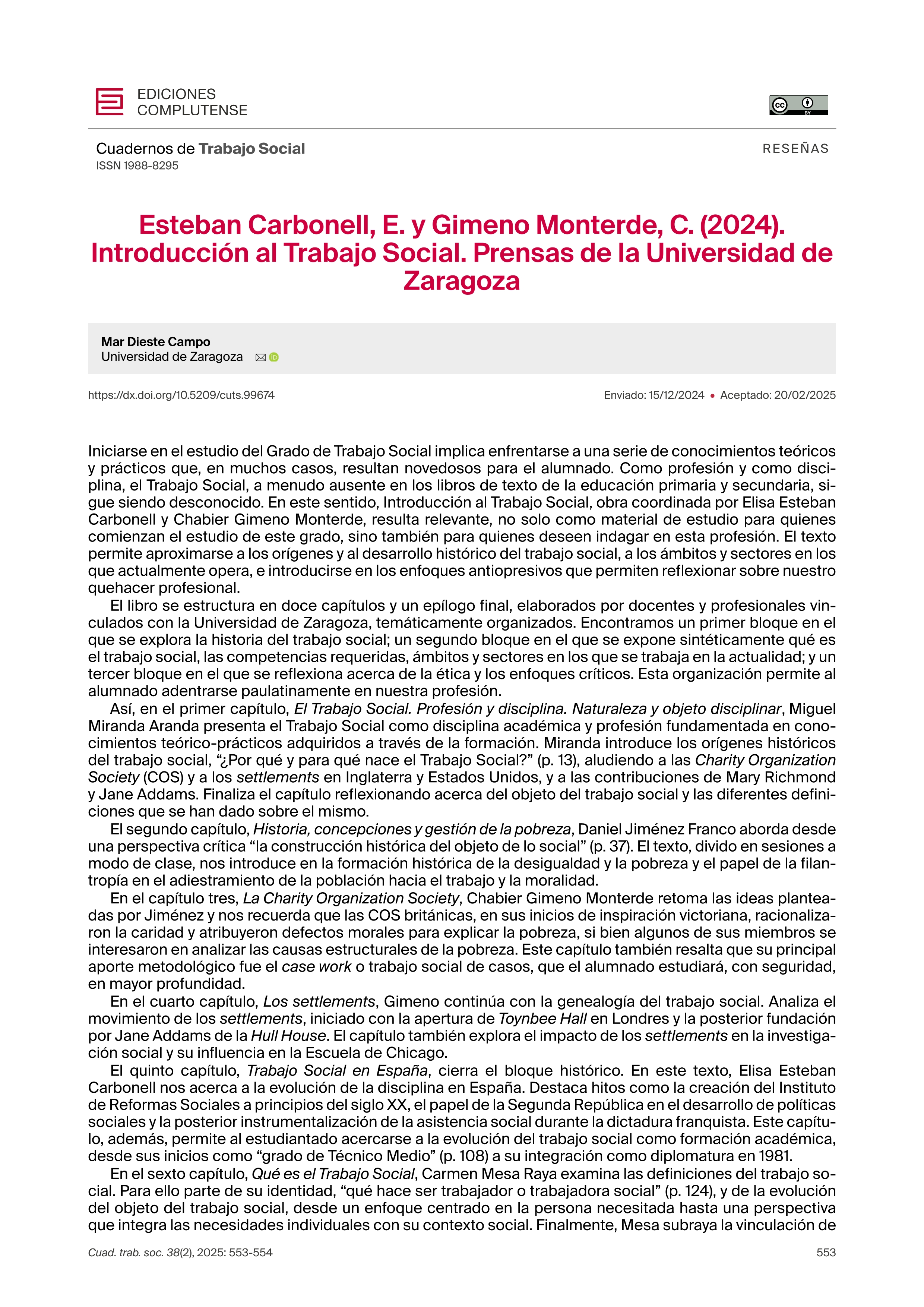 Esteban Carbonell, E. y Gimeno Monterde, C. (2024). Introducción al Trabajo Social. Prensas de la Universidad de Zaragoza