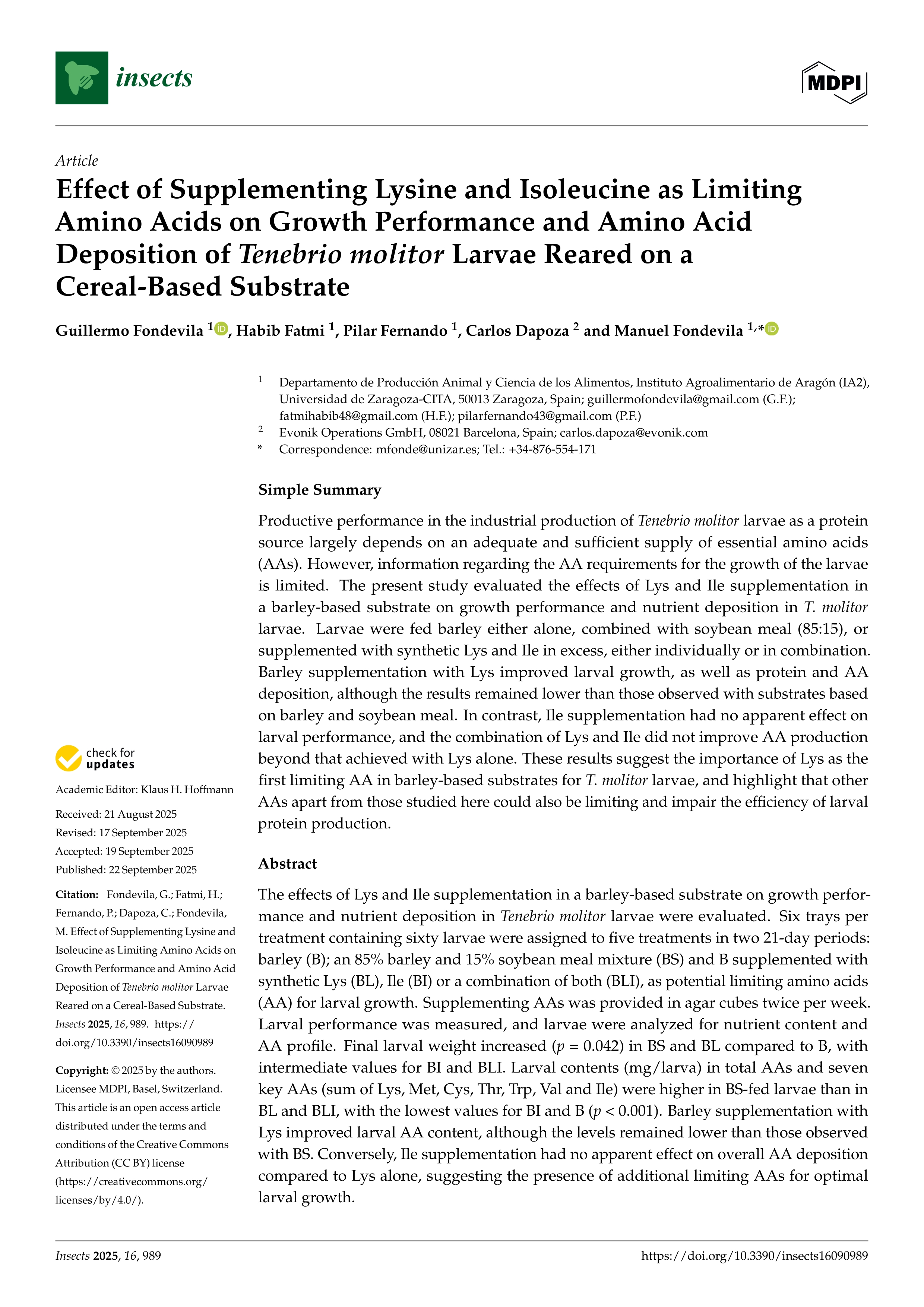 Effect of Supplementing Lysine and Isoleucine as Limiting Amino Acids on Growth Performance and Amino Acid Deposition of Tenebrio molitor Larvae Reared on a Cereal-Based Substrate